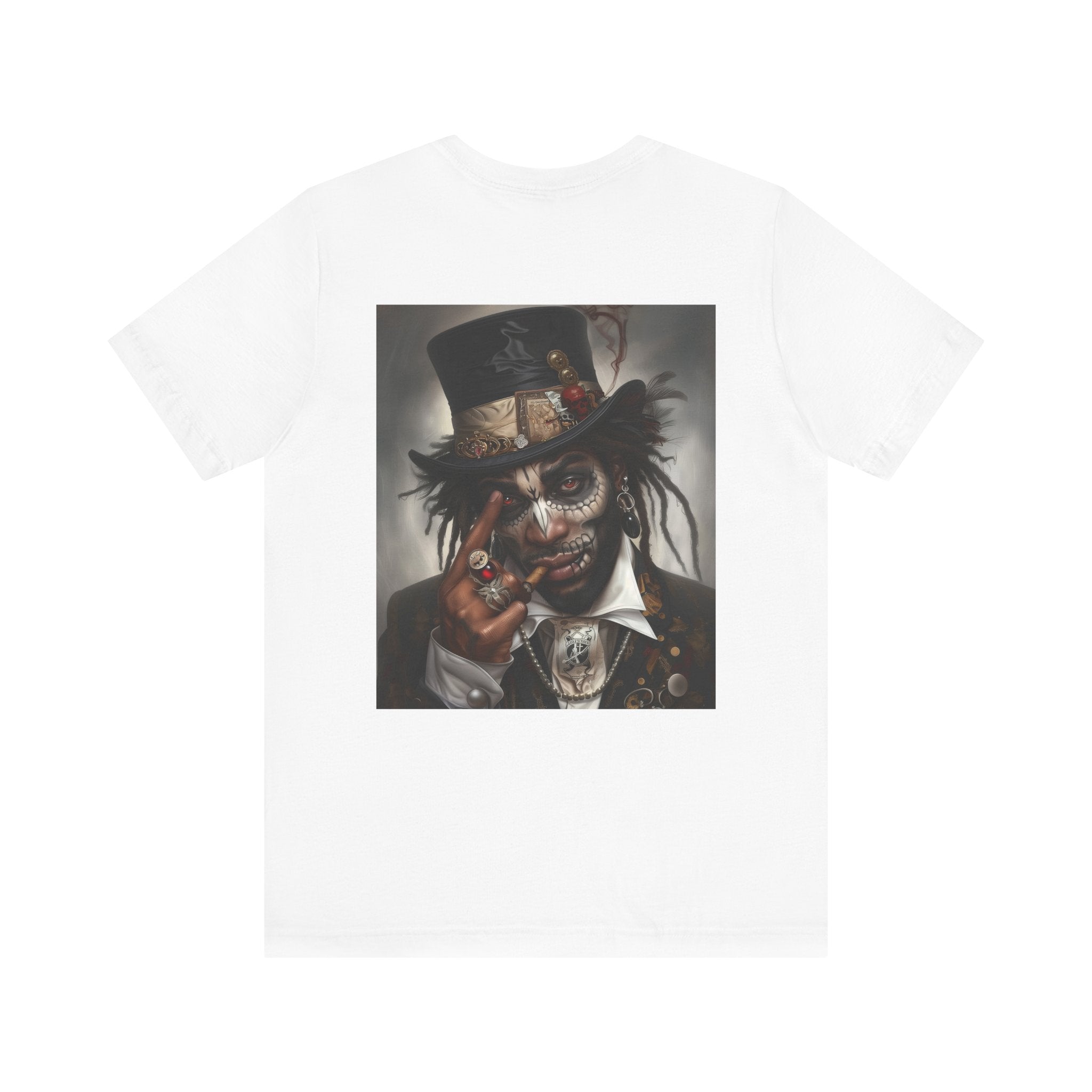 Voodoo Priest Tee Shirt featuring an Afrocentric gothic design of a voodoo priest in a top hat with skull face paint, red eyes, dark fantasy Afrocentric streetwear. (Back style)