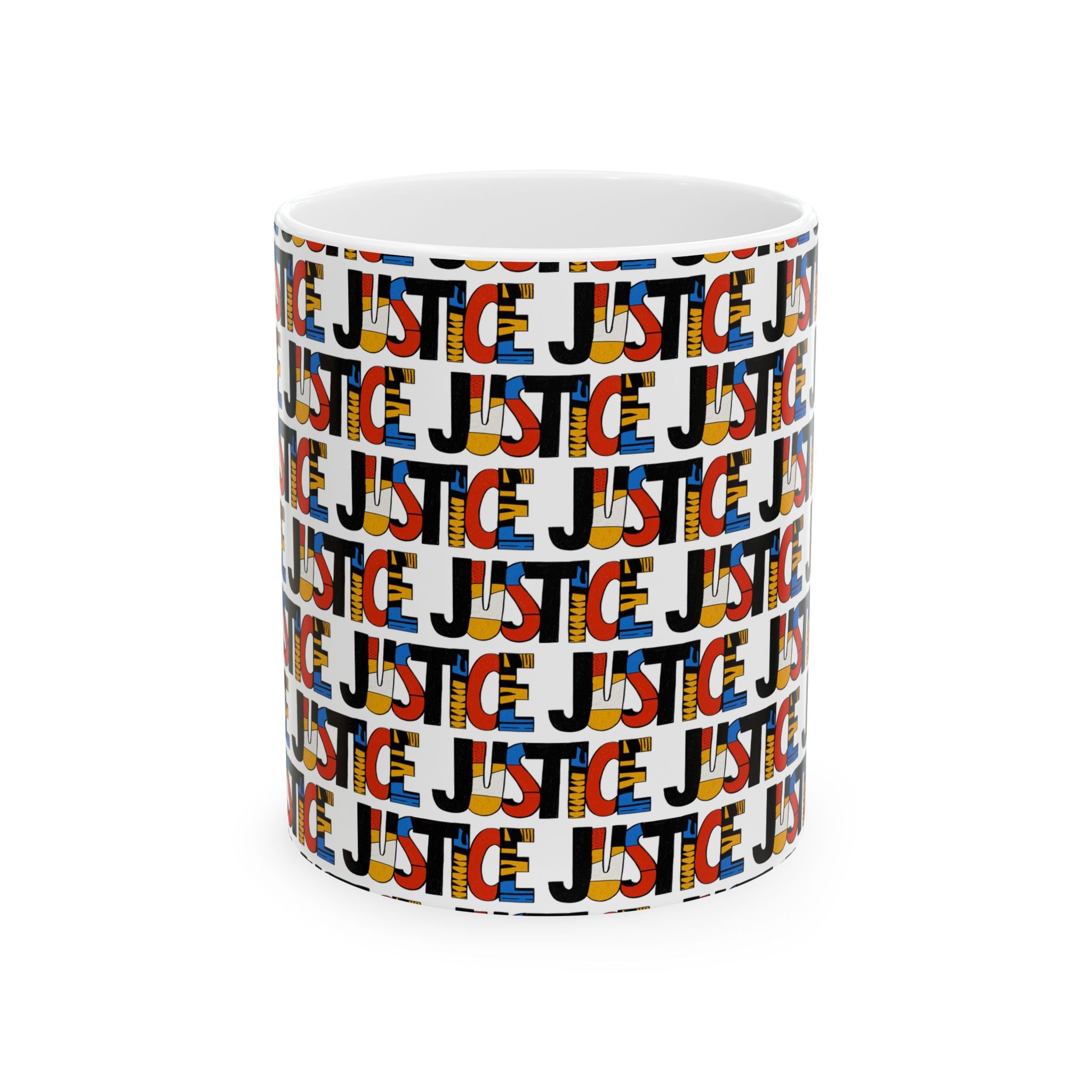 A white ceramic mug featuring a repeating 'JUSTICE' text pattern in black, red, blue, and yellow, shown on a clean white background, 11 oz size, front view.