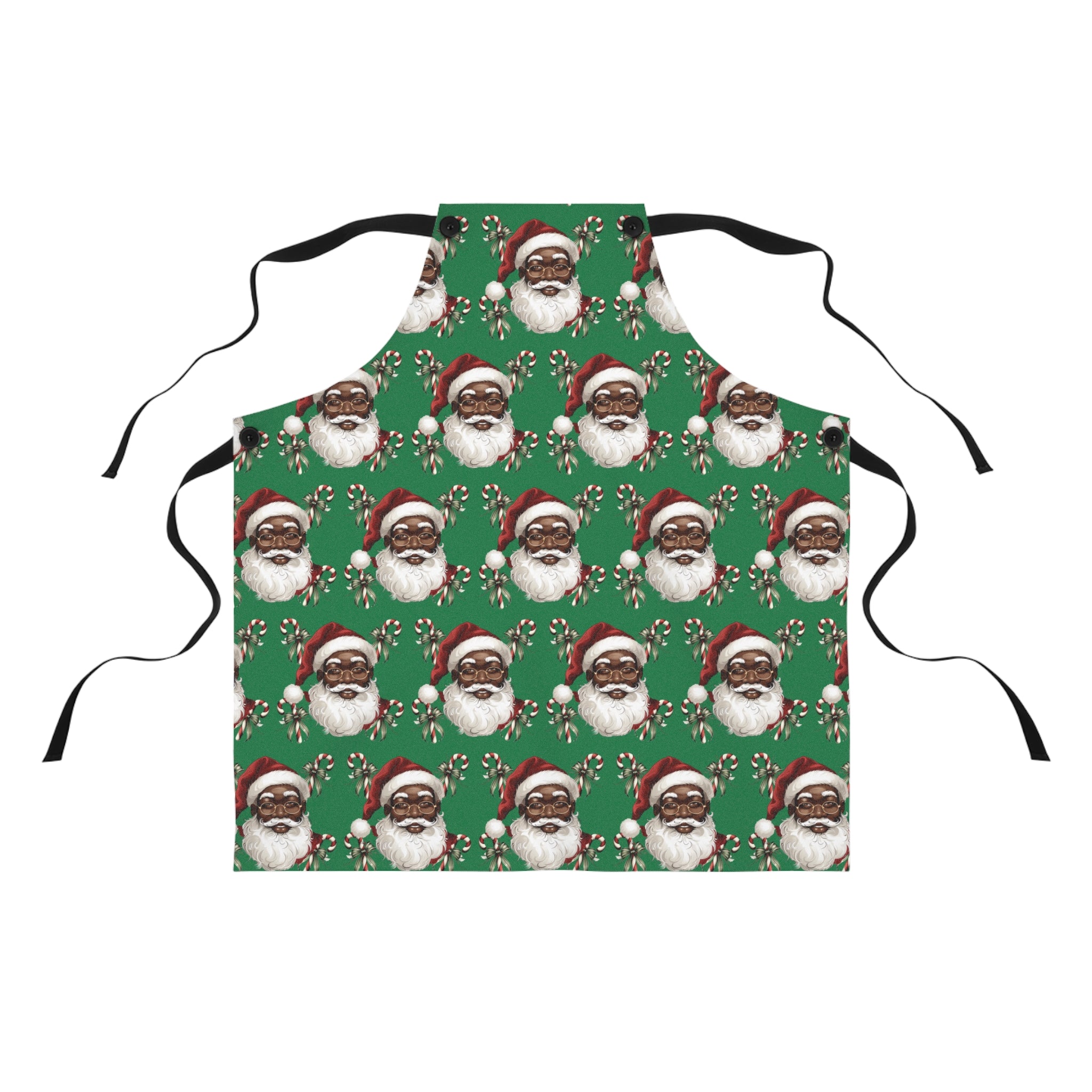 Black Santa Chef Apron featuring African American Santa Claus with candy canes, festive holiday kitchen apron perfect for Christmas cooking, baking, and family dinners.
