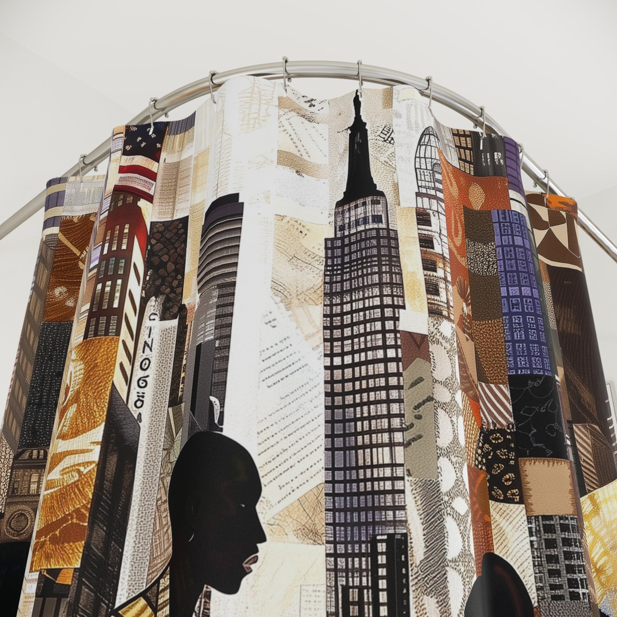 Afrocentric NYC shower curtain featuring Black professionals walking during Manhattan morning rush hour with coffee cups in a modern abstract graffiti  style.