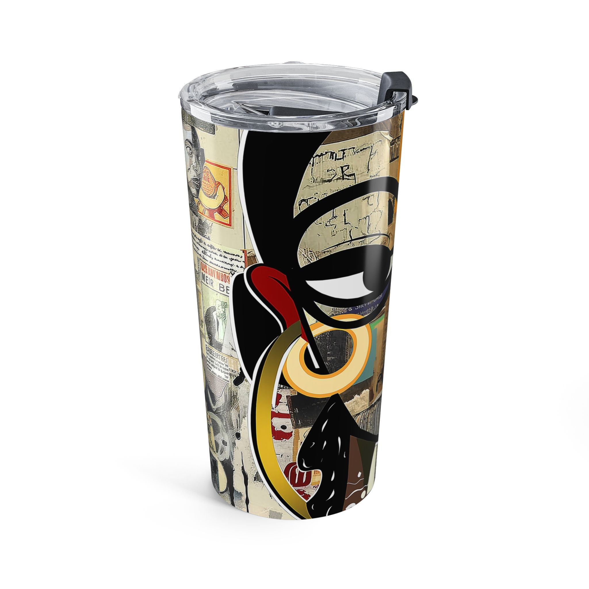 20 oz Boss Babe Latisha tumbler with graffiti style illustration of a confident woman, featuring a clear push-on lid and rubber gasket, suitable for hot and cold drinks