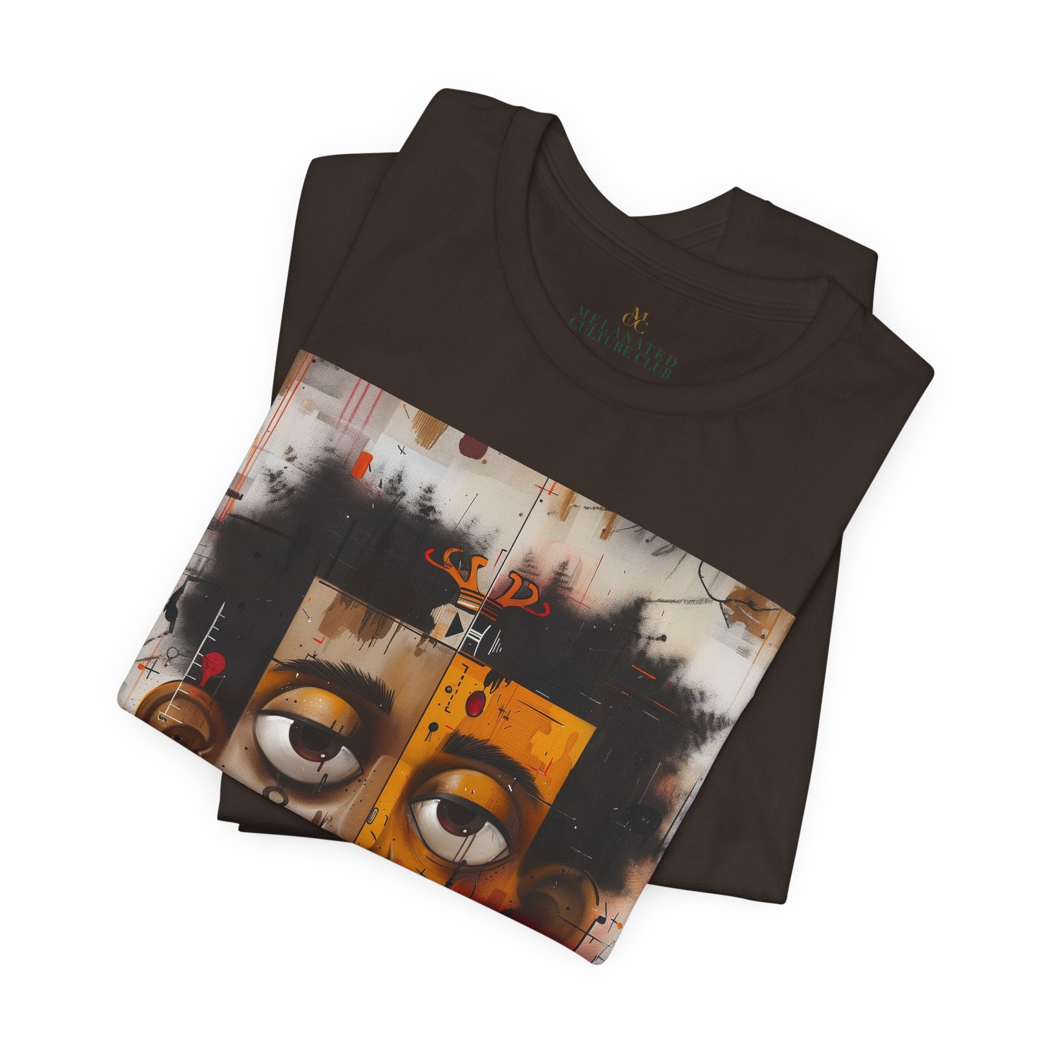 Abstract Afrocentric t-shirt featuring a split-face portrait of a Black man, half human and half robot, with expressive facial features and futuristic mechanical details in an Afrofuturism art style. Series 05