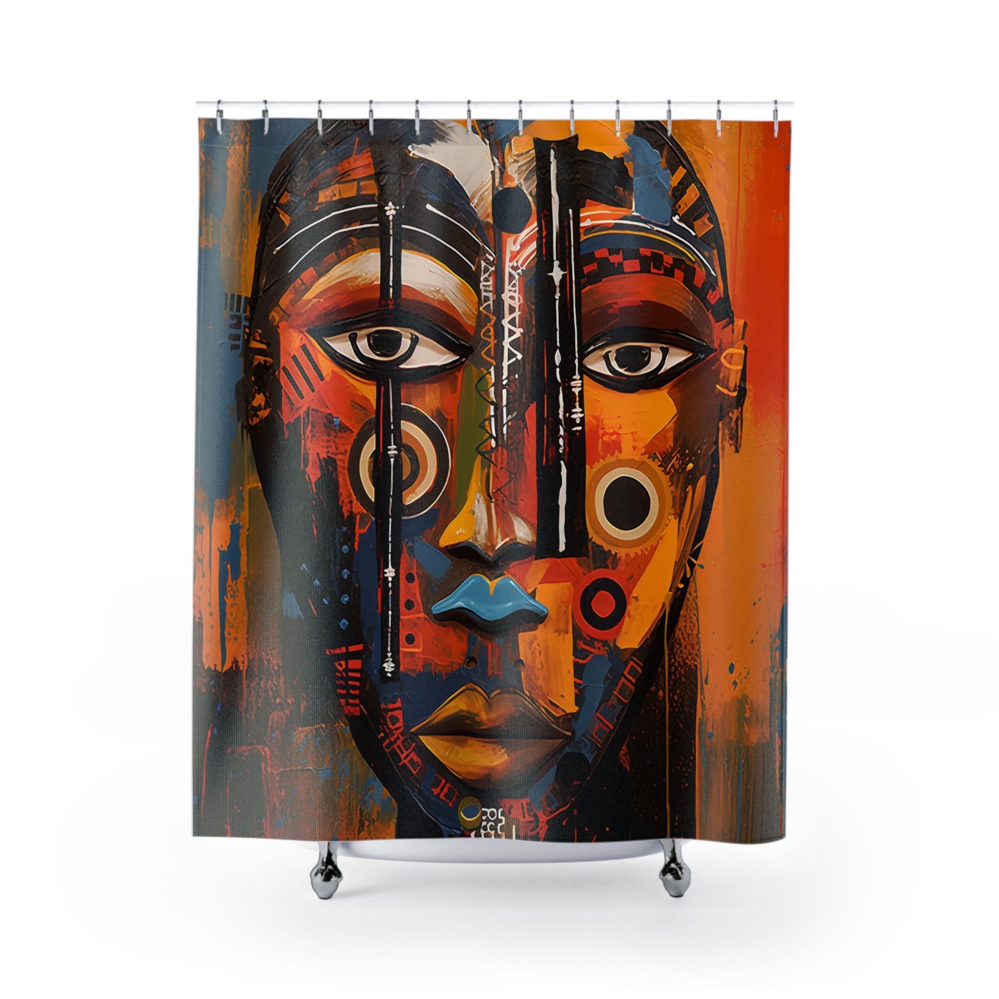 Bathroom shower curtain featuring an abstract African mask design with bold Afrocentric patterns, ideal for African-inspired home decor.