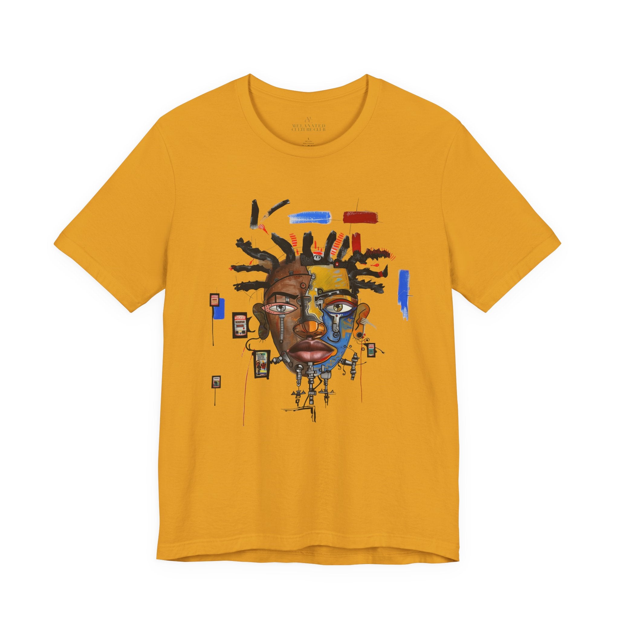 Abstract Afrocentric t-shirt featuring a split-face portrait of a Black man, half human and half robot, with expressive facial features and futuristic mechanical details in an Afrofuturism art style. Series 03