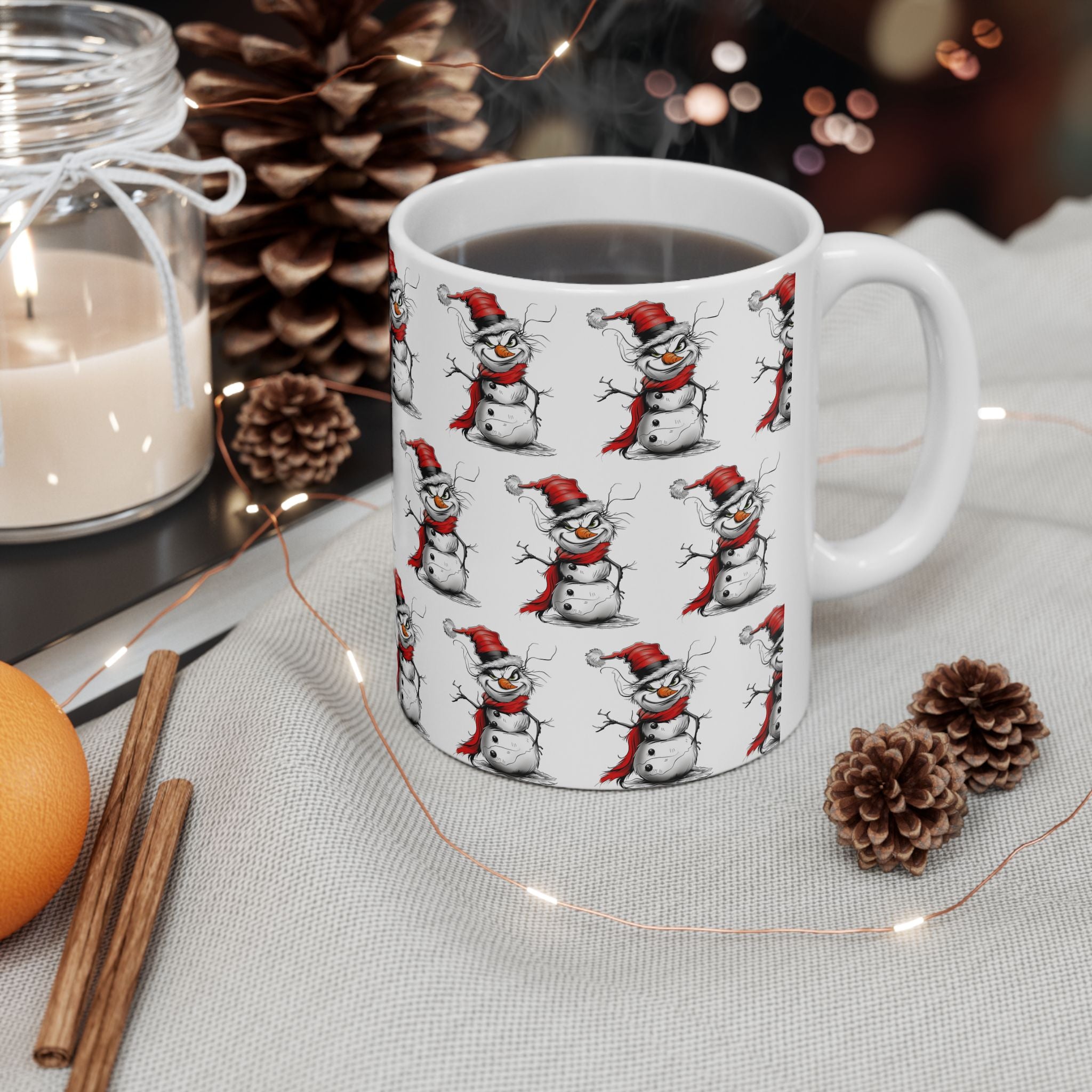 Grinch Snowman Coffee Mug featuring a naughty-looking snowman with a Grinch-inspired face – unique Christmas holiday beverage mug perfect for festive kitchens and seasonal drinks.