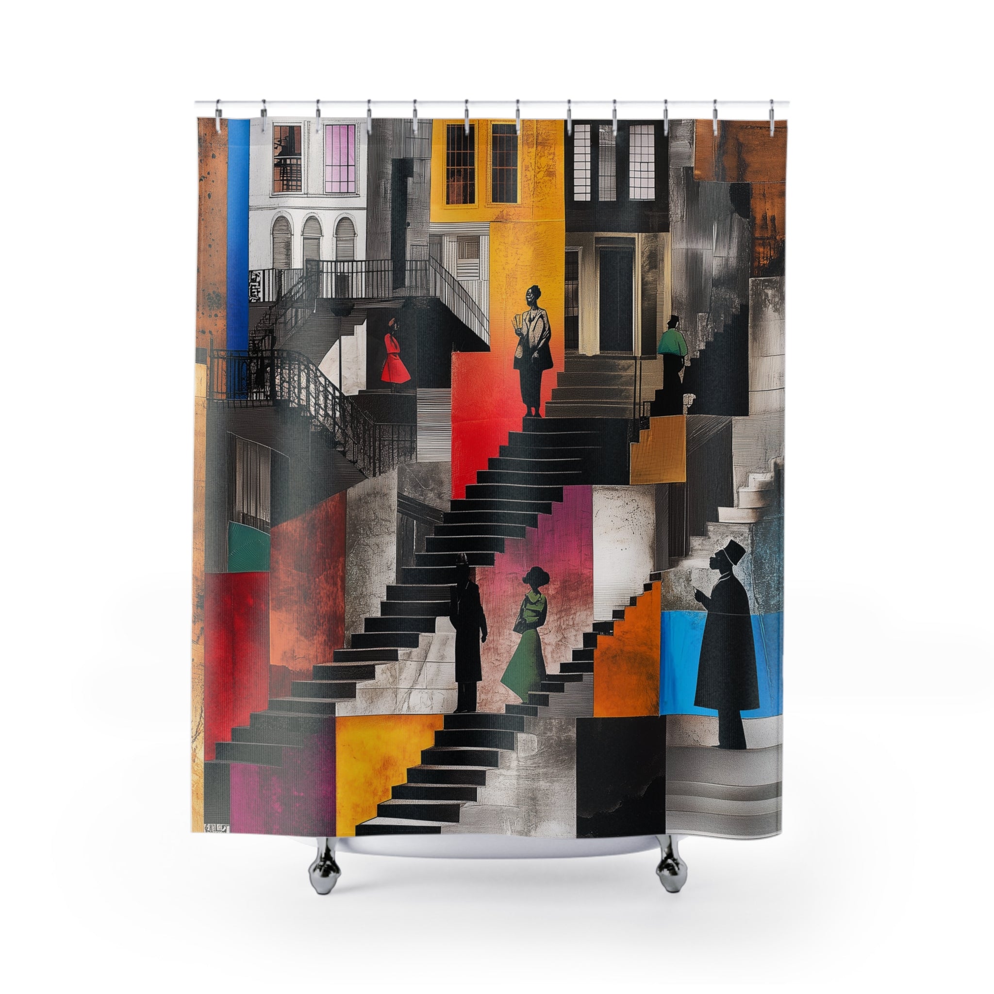 Harlem Brownstones Shower Curtain featuring Afrocentric artwork of Harlem street life and iconic neighborhood buildings, perfect for cultural bathroom decor