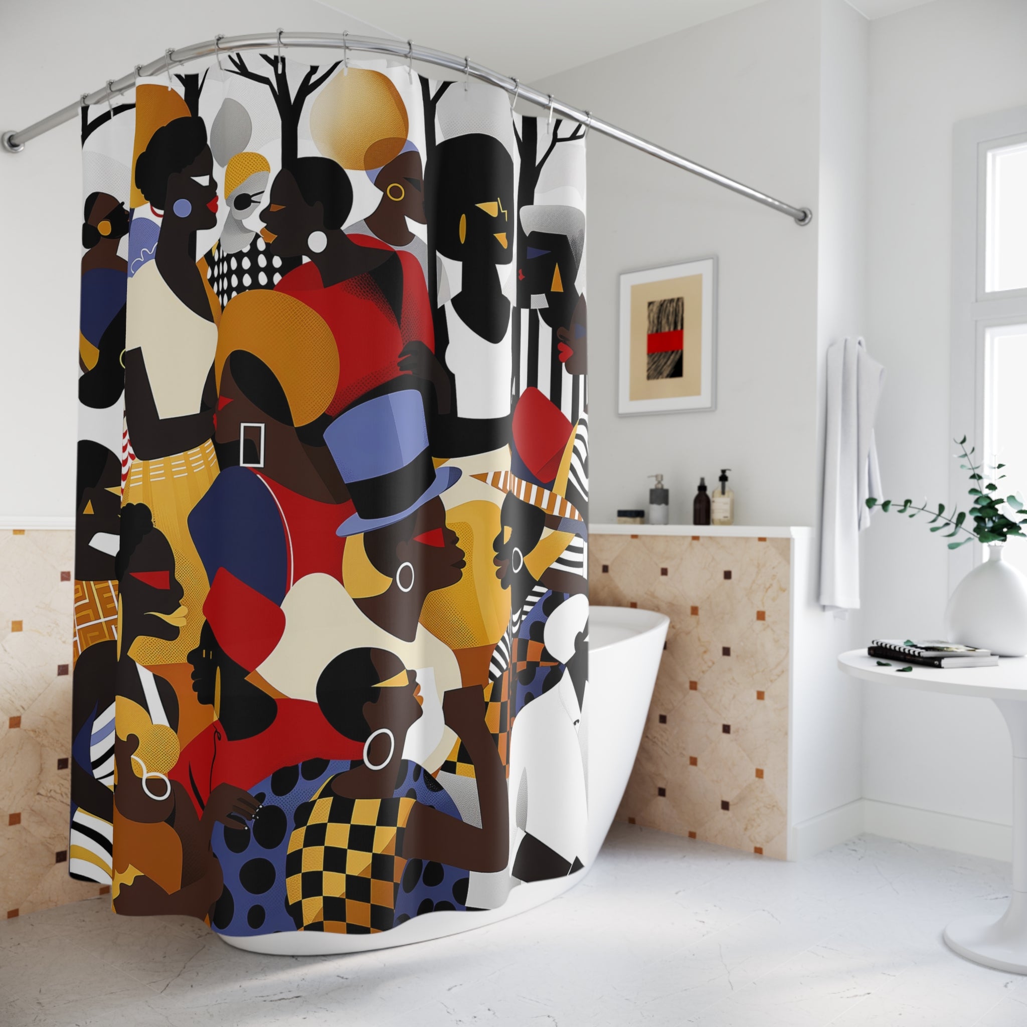 Juneteenth Shower Curtain featuring Afrocentric pop art design of a Black family enjoying an outdoor park celebration, with bright, bold abstract colors and modern cultural style.