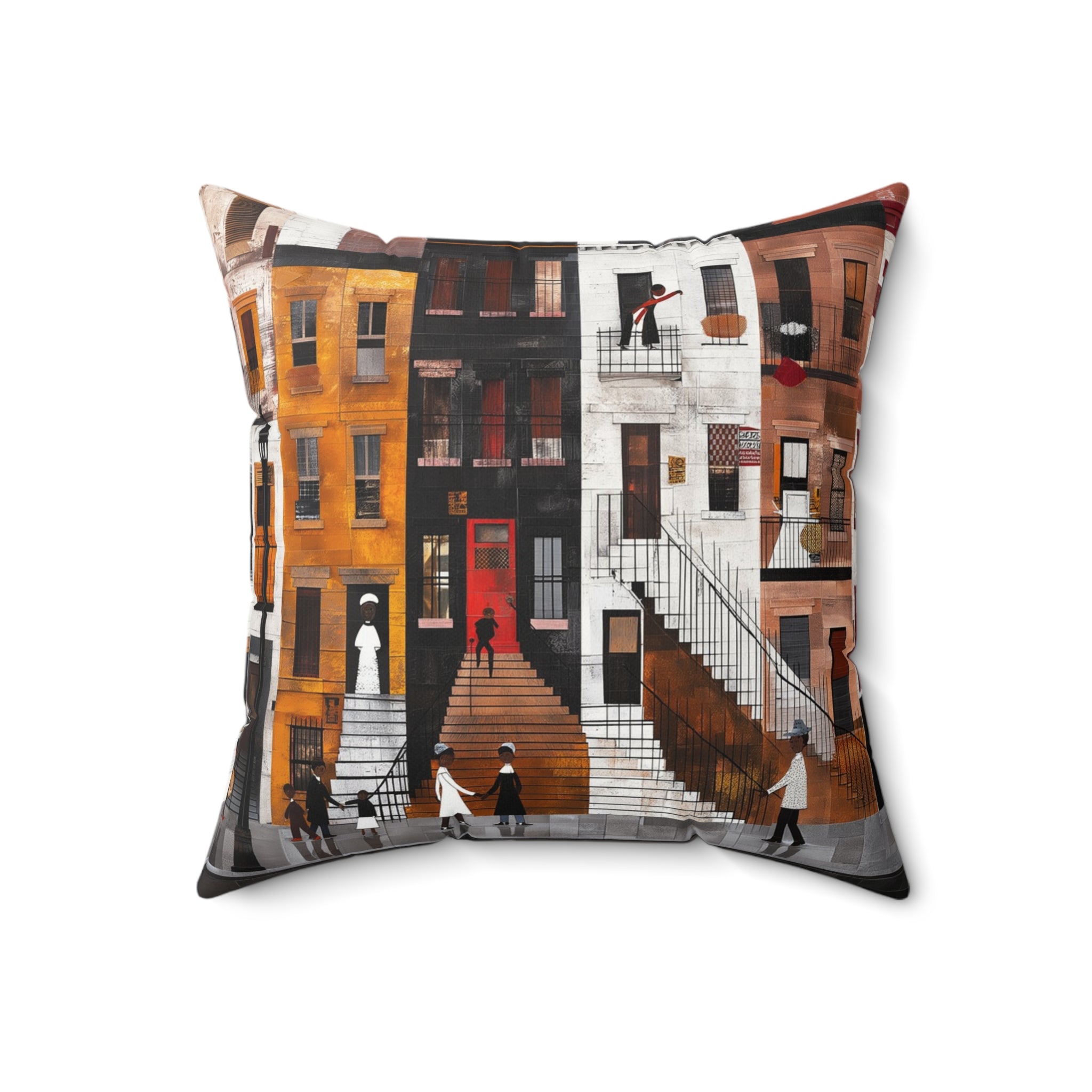 Harlem Neighborhood Faux Suede Square Pillow featuring an abstract Afrocentric design inspired by Harlem street life and culture. A vibrant African American art accent pillow for sofa or bed decor.