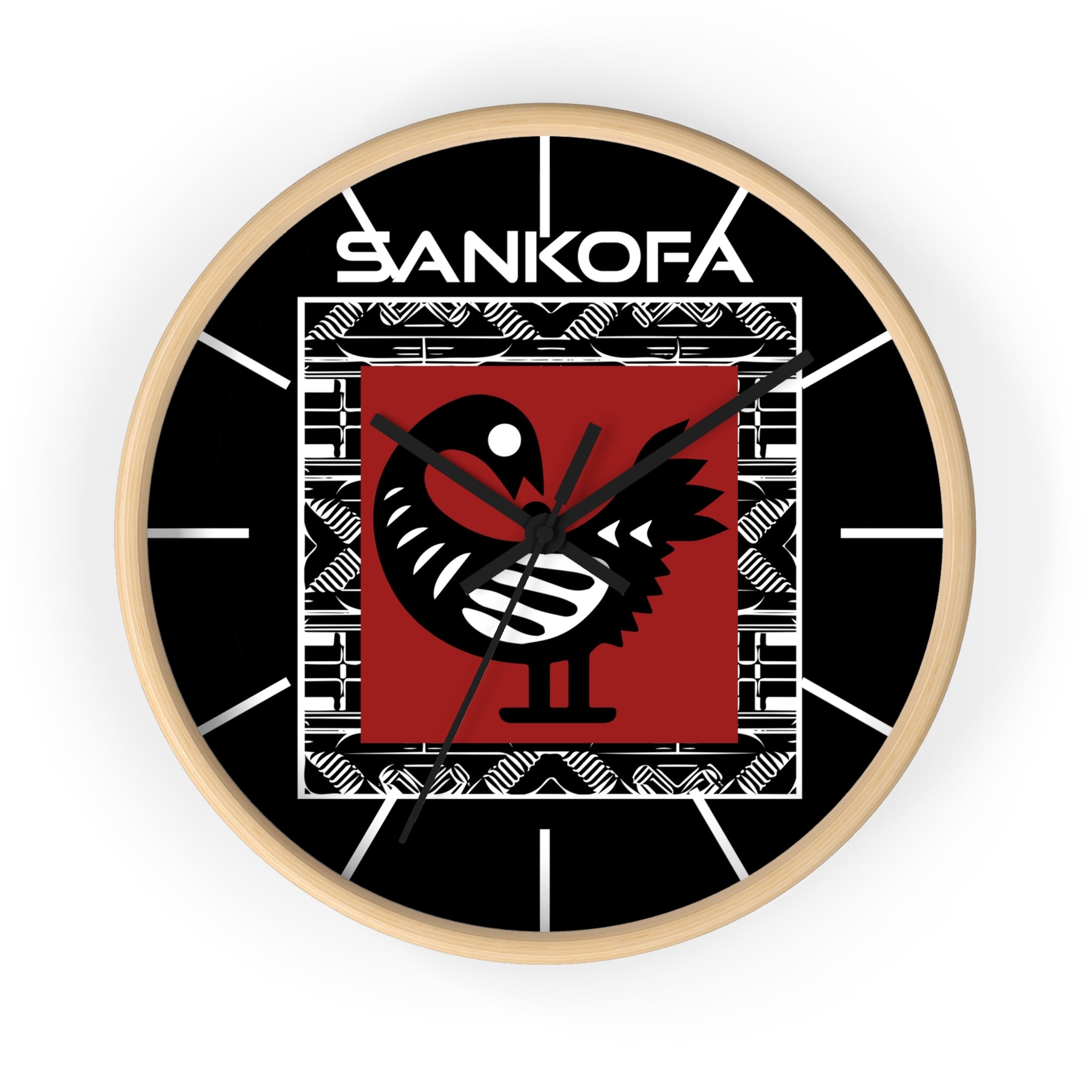 Adinkra Sankofa Wall Clock featuring the Ghanaian “Go Back and Get It” bird symbol. Afrocentric wall decor celebrating African heritage and ancestral wisdom.