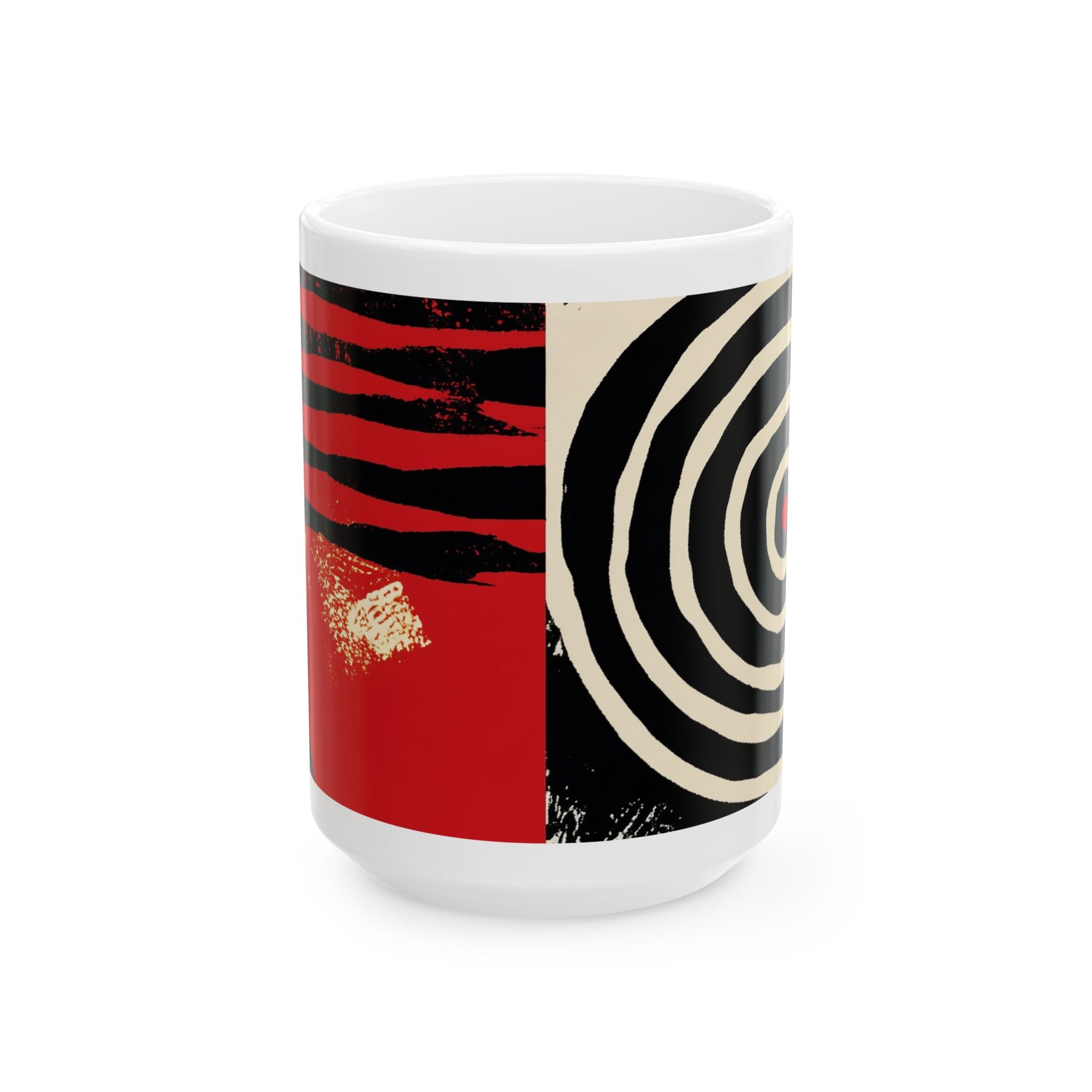 Front view of 15 oz. red, black and cream abstract art coffee mug featuring bold geometric circles, stripes, organic shapes and a Bauhaus-inspired modern design, displayed against a white background.