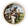 Round wall clock with a light wood frame and a printed golf-themed illustration on the face, featuring white clock hands and minimalist hour markers against a plain white background.