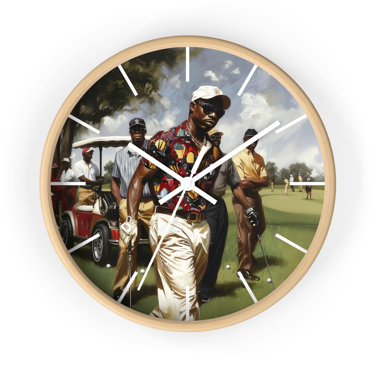 Round wall clock with a light wood frame and a printed golf-themed illustration on the face, featuring white clock hands and minimalist hour markers against a plain white background.