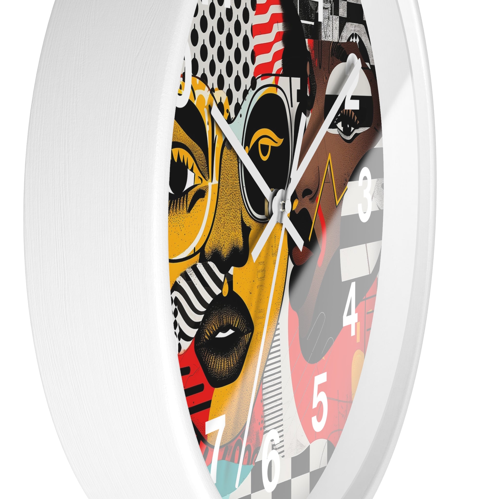 Black Women Pop Art Round Wall Clock featuring an abstract Soul Sister design in bold, colorful pop art style. Afrocentric wall decor with vibrant modern art aesthetic.
