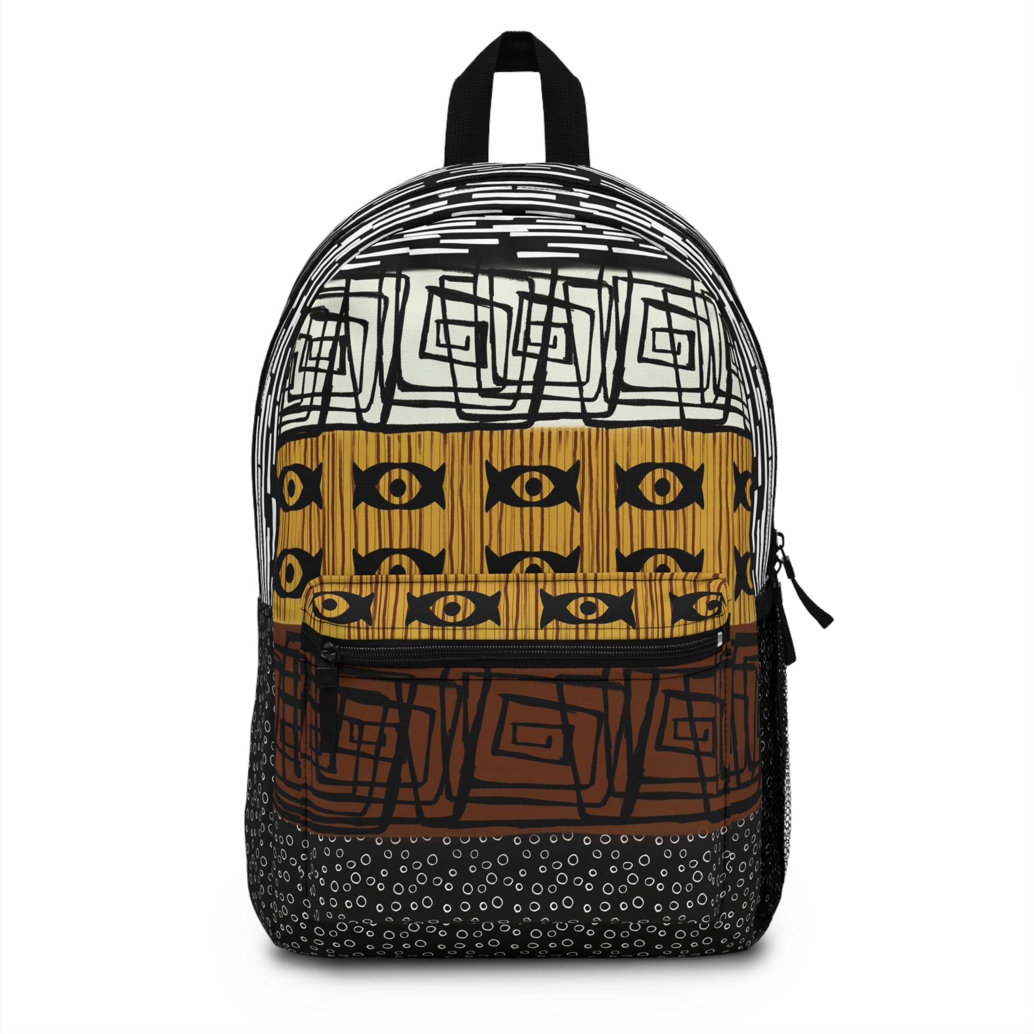 African Mud Cloth Backpack featuring traditional Bogolan tribal patterns. Stylish Afrocentric laptop and travel backpack inspired by authentic African heritage.