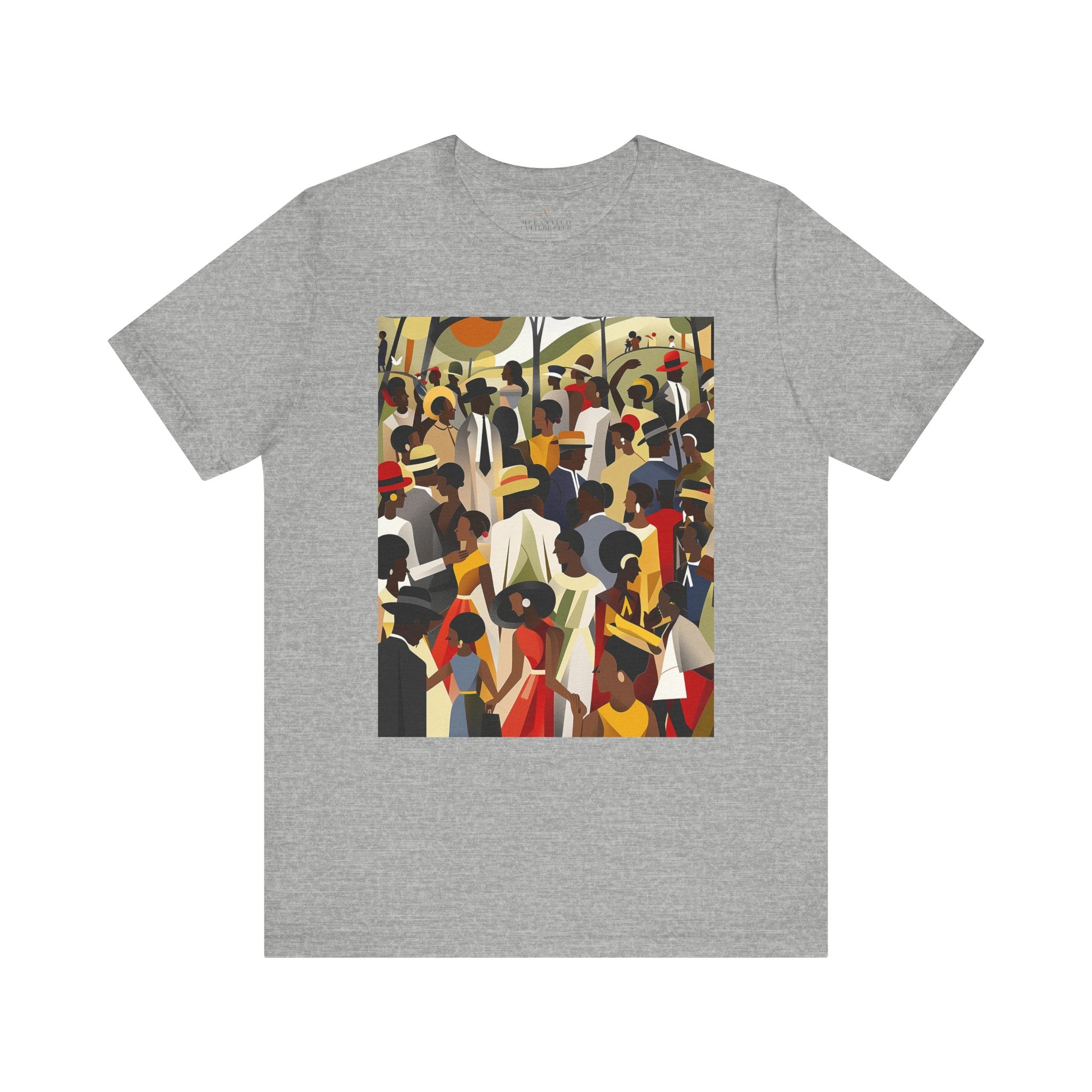 Juneteenth Celebration Tee Shirt featuring an Afrocentric design of Black people enjoying an outdoor picnic and family reunion. Adult unisex top honoring African American heritage, freedom, and cultural pride.