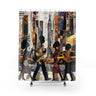 Afrocentric NYC shower curtain featuring Black professionals walking during Manhattan morning rush hour with coffee cups in a modern abstract graffiti  style.