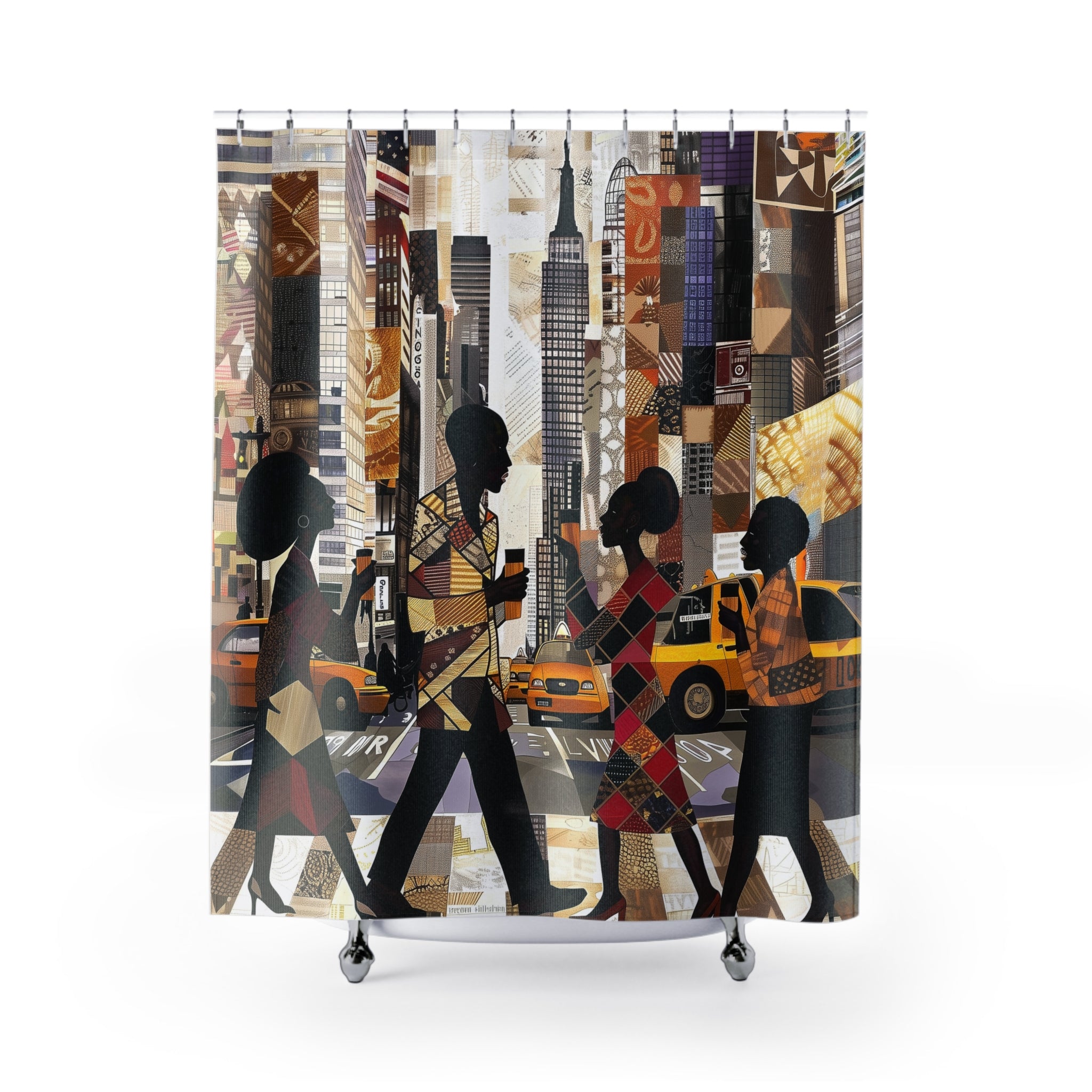 Afrocentric NYC shower curtain featuring Black professionals walking during Manhattan morning rush hour with coffee cups in a modern abstract graffiti  style.