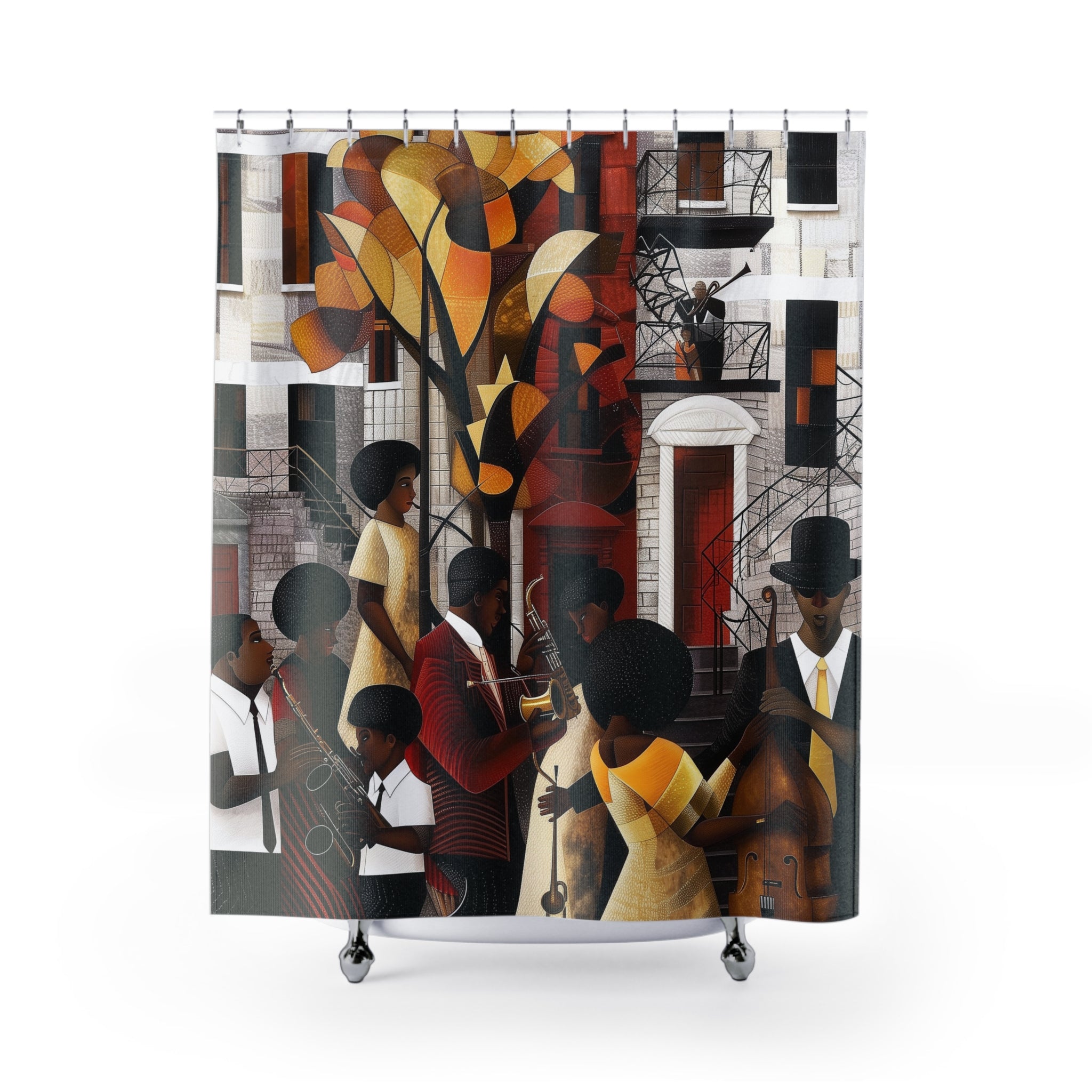 Shower curtain featuring Harlem Renaissance jazz musicians in an Afro Bauhaus bohemian art style; vibrant Afrocentric design perfect for cultural bathroom decor.