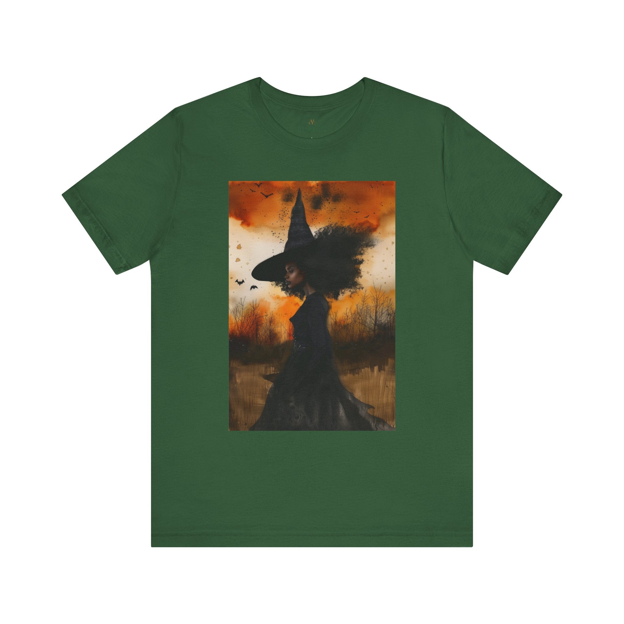 Afrocentric Black Witch T-Shirt featuring a watercolor illustration of an African American witch with black bats flying across a dark moody background. Unisex Halloween graphic tee with Afrocentric gothic design.