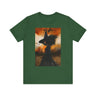 Afrocentric Black Witch T-Shirt featuring a watercolor illustration of an African American witch with black bats flying across a dark moody background. Unisex Halloween graphic tee with Afrocentric gothic design.
