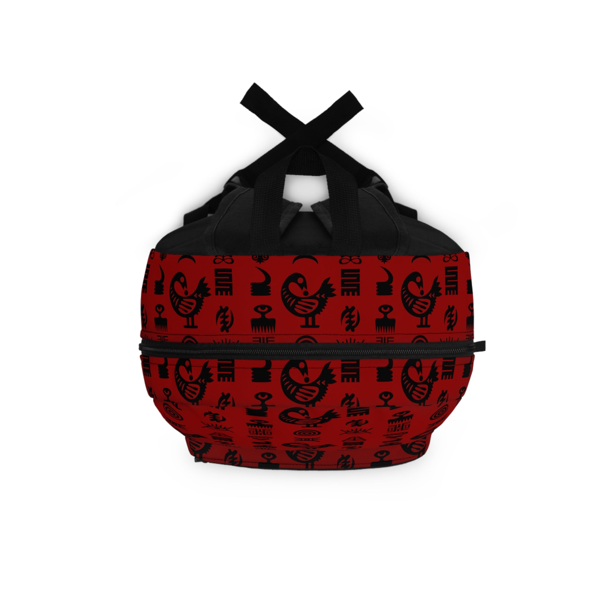 Backpack for school and travel featuring traditional Ghanaian Adinkra symbols in an Afrocentric pattern celebrating African heritage, culture, wisdom, and unity.