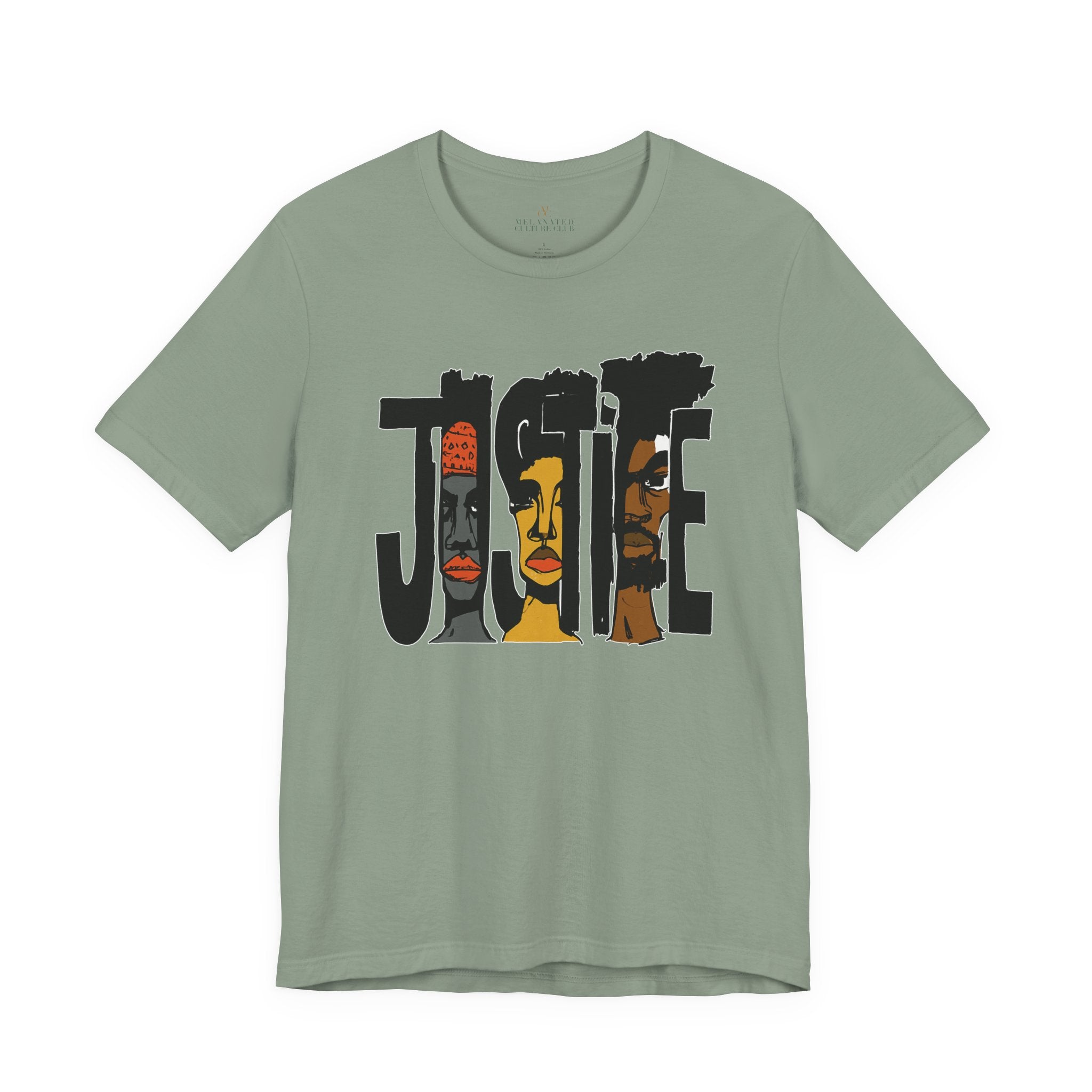 A sage green short-sleeve crewneck t-shirt featuring a graphic print of the word 'JUSTICE' filled with stylized illustrations of African American faces in black, brown, and orange tones.