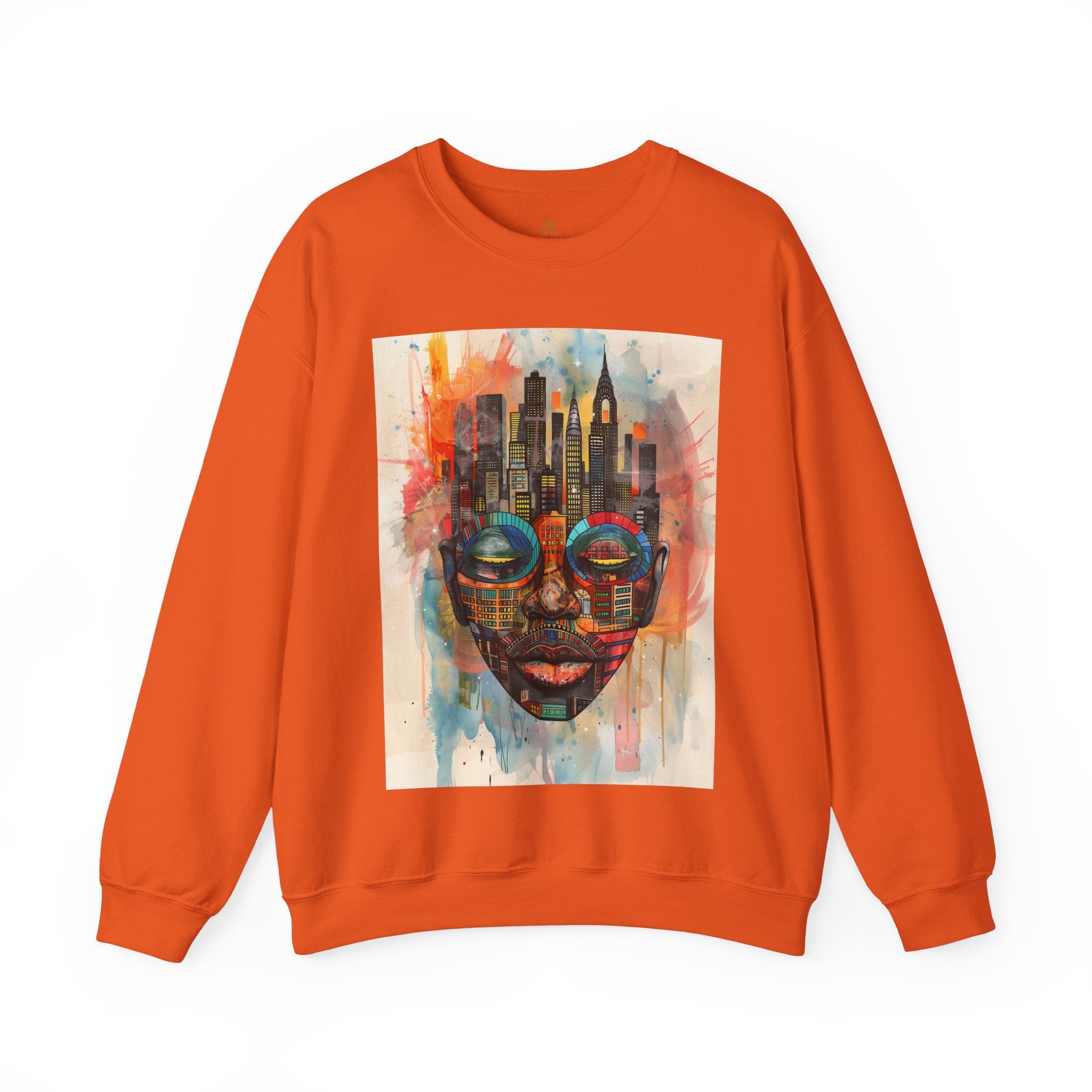 NYC African Mask Sweatshirt in orange.