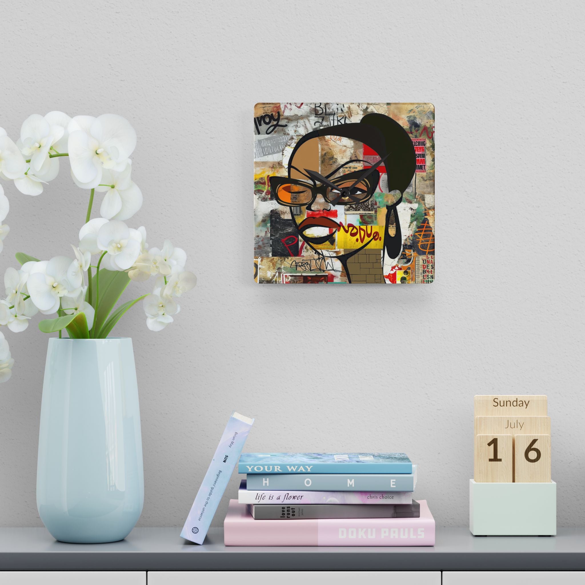 Boss Babe Black Girl Acrylic Wall Clock featuring a cartoon-style Black woman named Markeisha in a bold graffiti art design. Afrocentric modern wall decor celebrating Black girl magic, style, and empowerment.