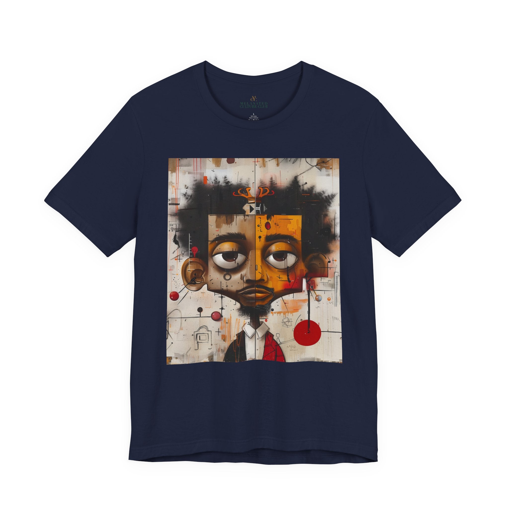 Abstract Afrocentric t-shirt featuring a split-face portrait of a Black man, half human and half robot, with expressive facial features and futuristic mechanical details in an Afrofuturism art style. Series 05