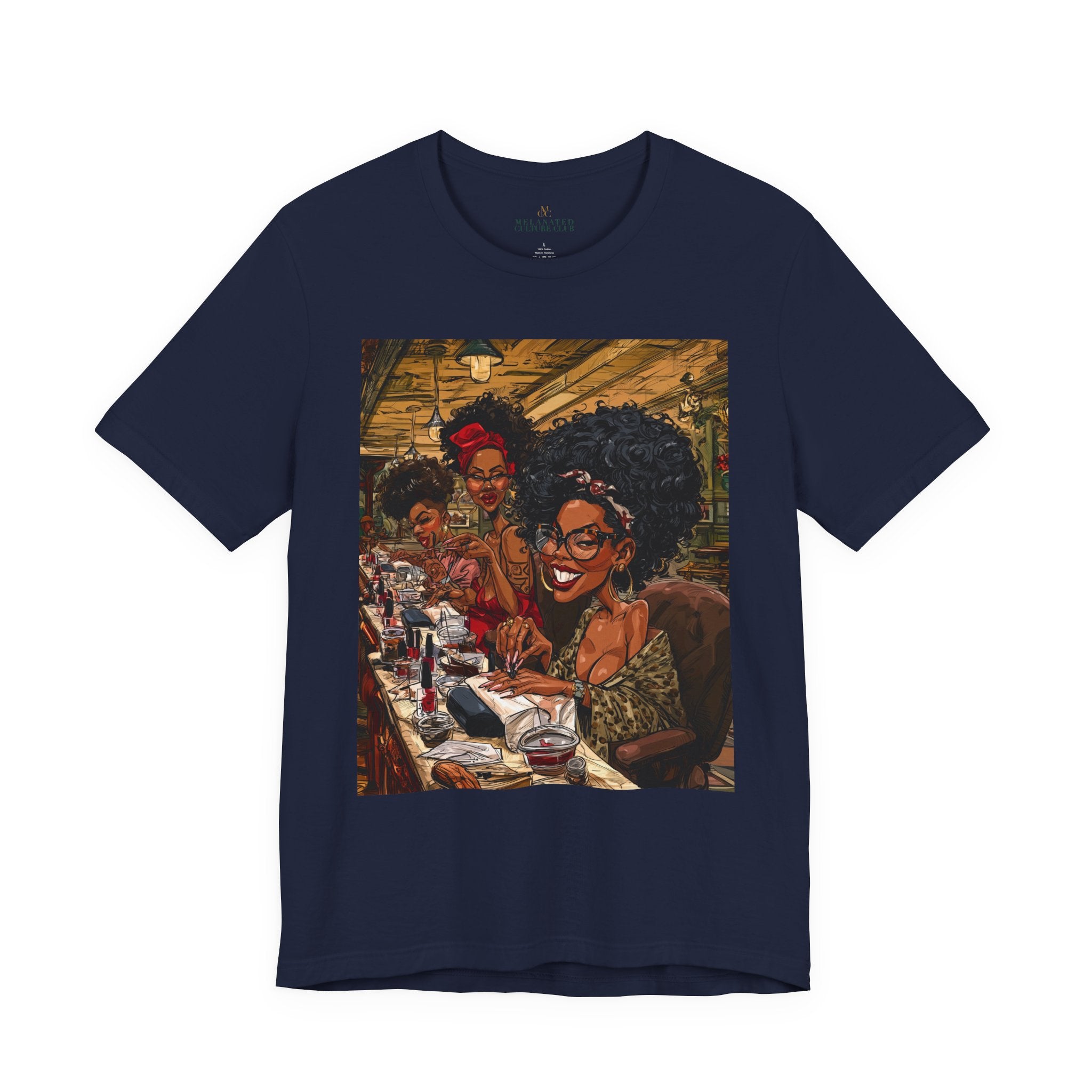 Black Women Nail Salon T-Shirt - Afrocentric Beauty Shop Graphic Tee - Black Girl Self Care Shirt - Color Navy