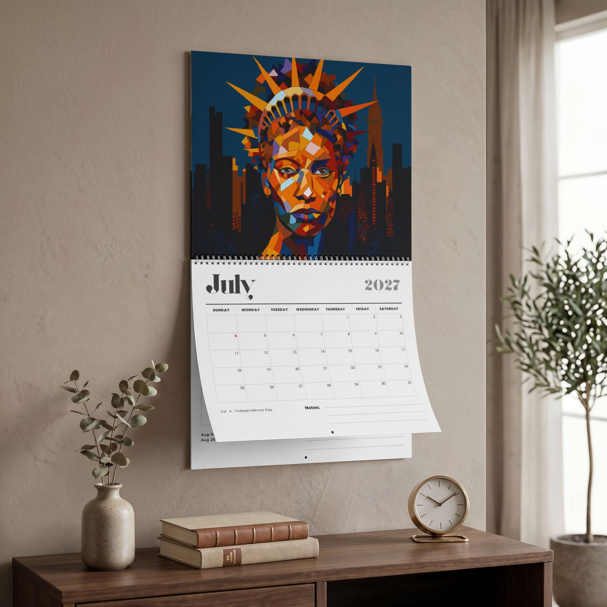 A wall-mounted calendar hanging on a beige wall in a styled interior. The calendar cover features a colorful geometric portrait an Afrocentric female representing the Statue of Liberty in blue, orange, and yellow tones, with the page turned to show a July 2022 calendar spread.  Size 14" x 11.5"