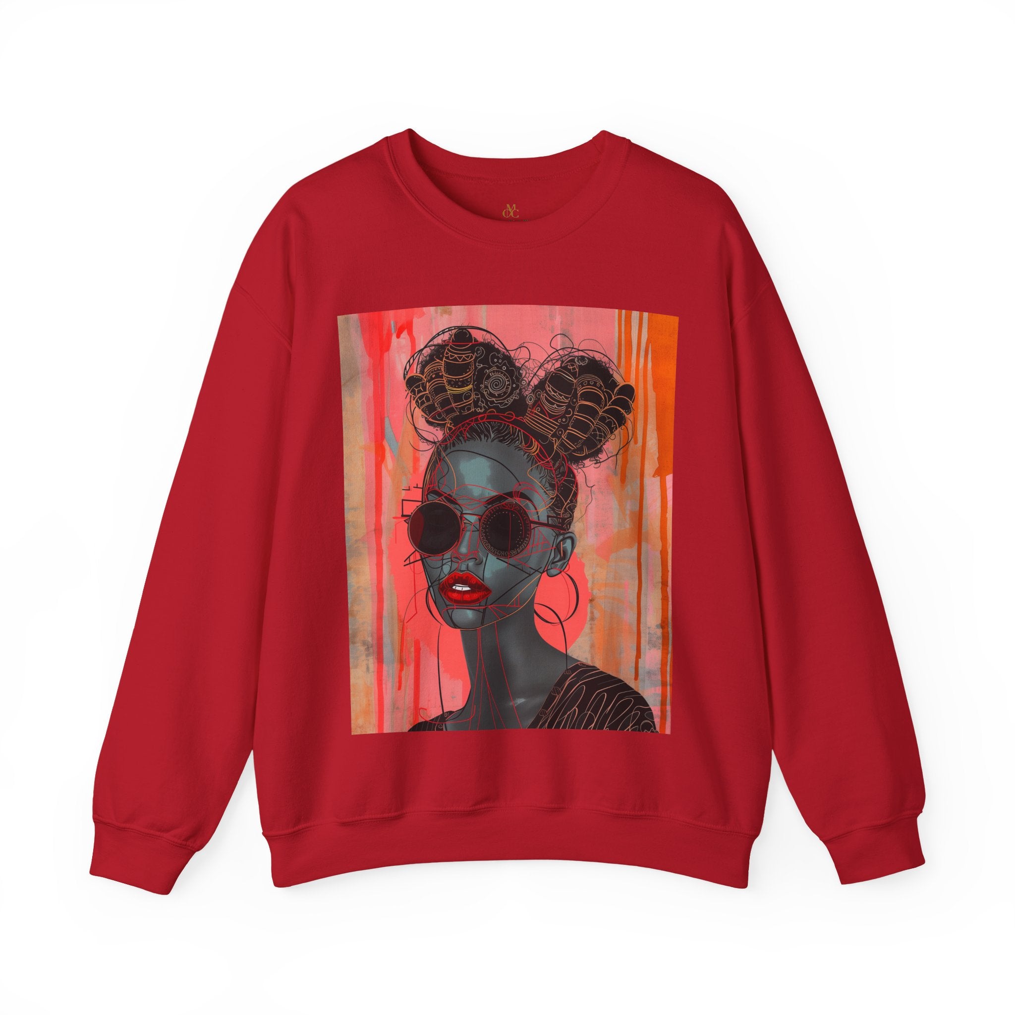 Black Woman Afrofuturism Sweatshirt featuring African American woman with Bantu knots and round fashion sunglasses, Afrocentric unisex top with futuristic and cultural design.