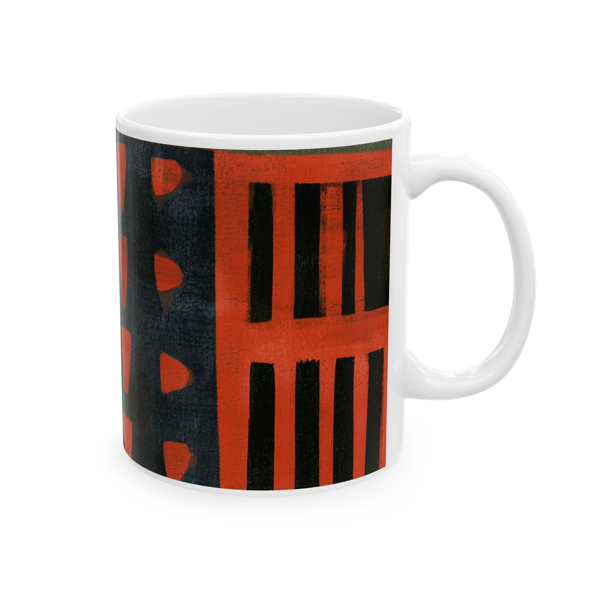 Left handle view of 11 oz Afrocentric abstract coffee mug featuring bold geometric shapes and textured patterns in red, gold, black, and cream, displayed against a white background.