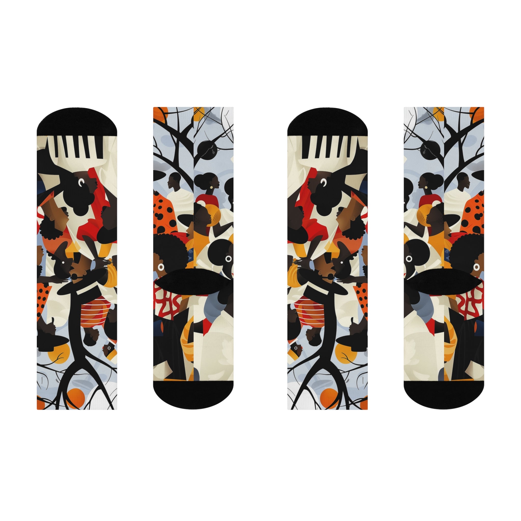 Juneteenth picnic crew socks featuring Afrocentric art of a joyful Picnic in the Park celebration, symbolizing Black culture, freedom, and community.