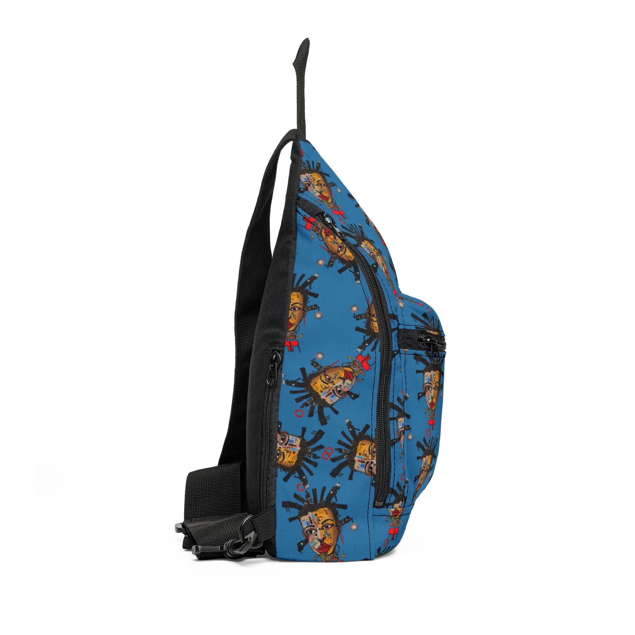 Afrofuturism crossbody sling bag featuring an abstract Black cyborg man portrait with futuristic cybernetic details and vibrant Afrocentric digital art.