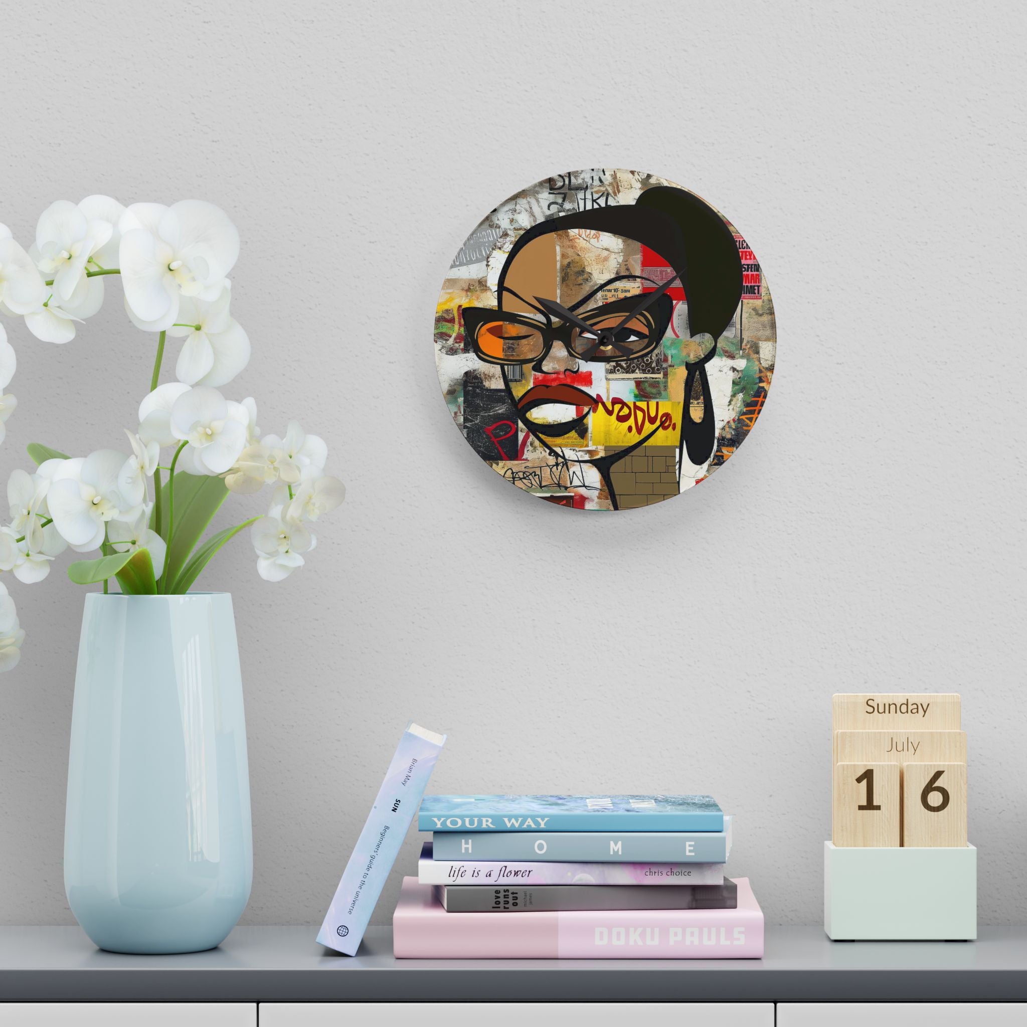 Boss Babe Black Girl Acrylic Wall Clock featuring a cartoon-style Black woman named Markeisha in a bold graffiti art design. Afrocentric modern wall decor celebrating Black girl magic, style, and empowerment.