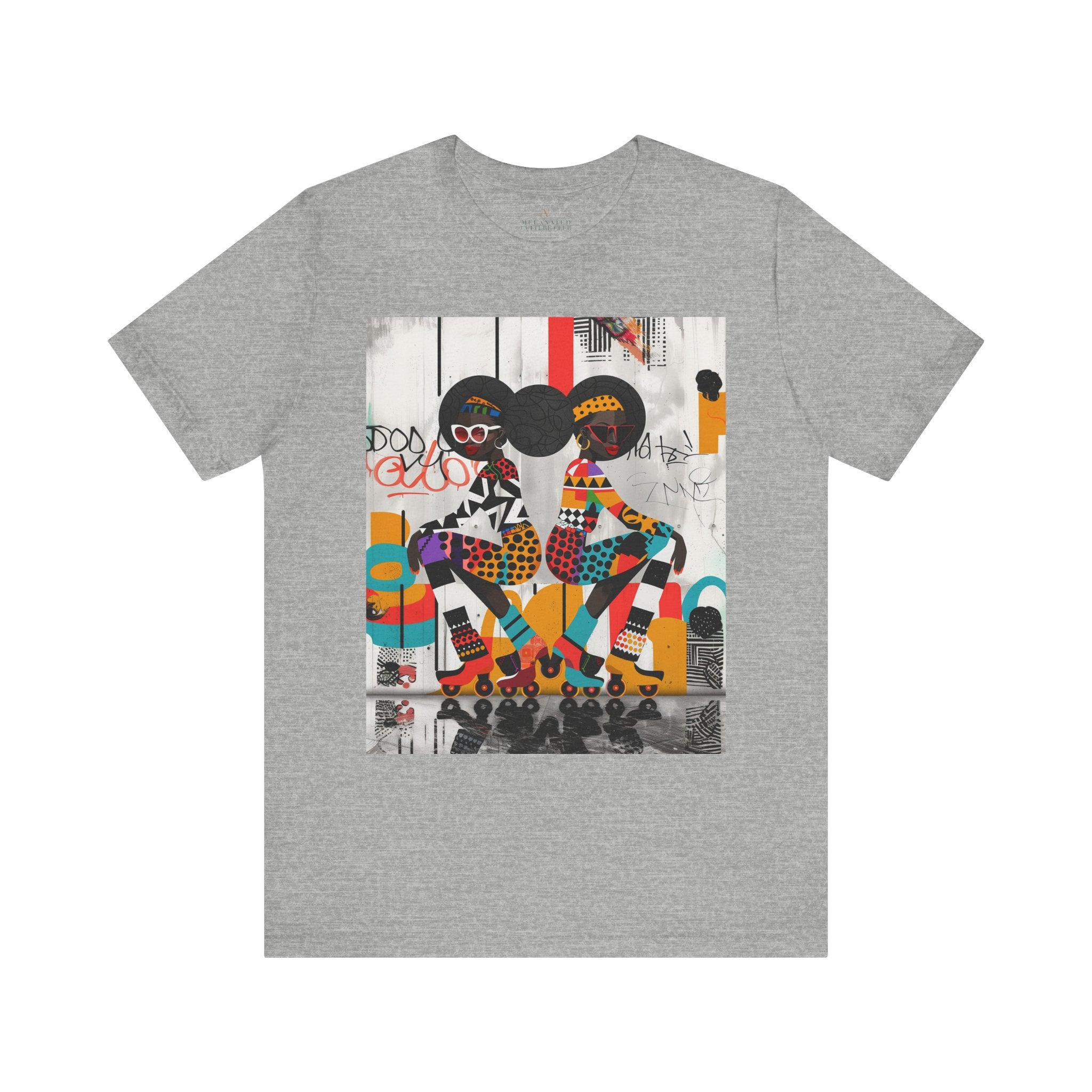 Black Girl Roller Skaters Tee Shirt featuring abstract graffiti pop art of African American women roller skating in bold, bright colors; Afrocentric fly girls streetwear.