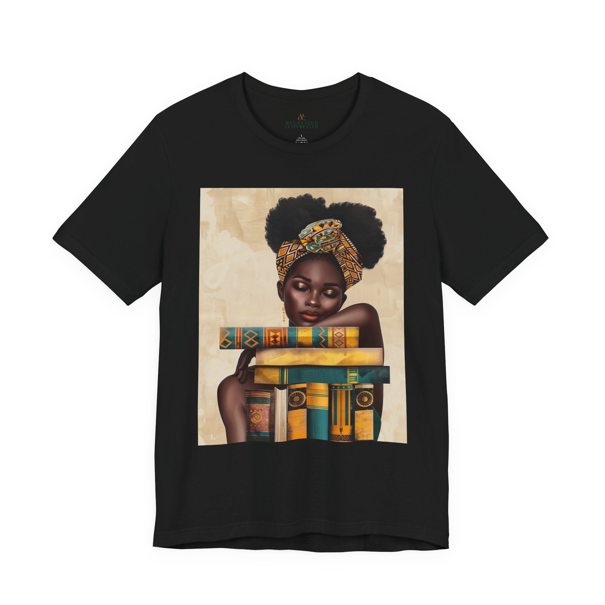 Afrocentric illustration of a young Black woman with a serene expression hugging a stack of books, symbolizing education, knowledge, legacy, and generational success.