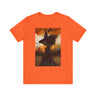 Afrocentric Black Witch T-Shirt featuring a watercolor illustration of an African American witch with black bats flying across a dark moody background. Unisex Halloween graphic tee with Afrocentric gothic design.