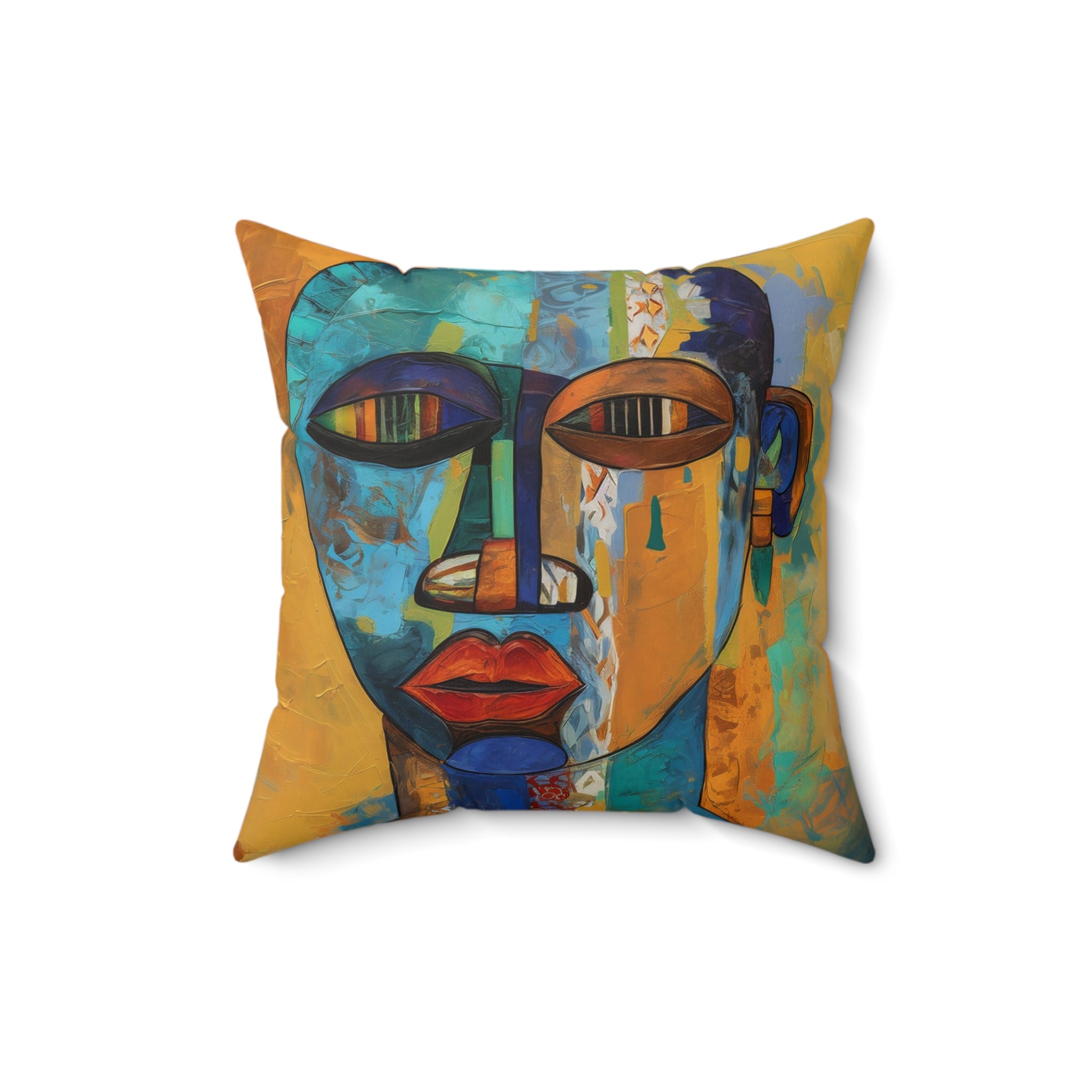 African Mask Faux Suede Square Pillow featuring an abstract African mask design in vibrant gold, teal, and orange colors. Afrocentric home decor accent for sofa or bed, celebrating African culture and modern abstract art.