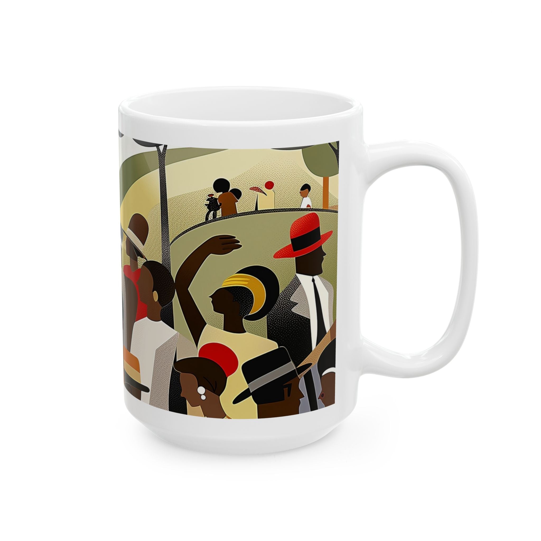 White ceramic mug with a colorful illustration of a group of people in a park. The illustration features people of different ages and skin tones wearing hats and clothing in various colors.