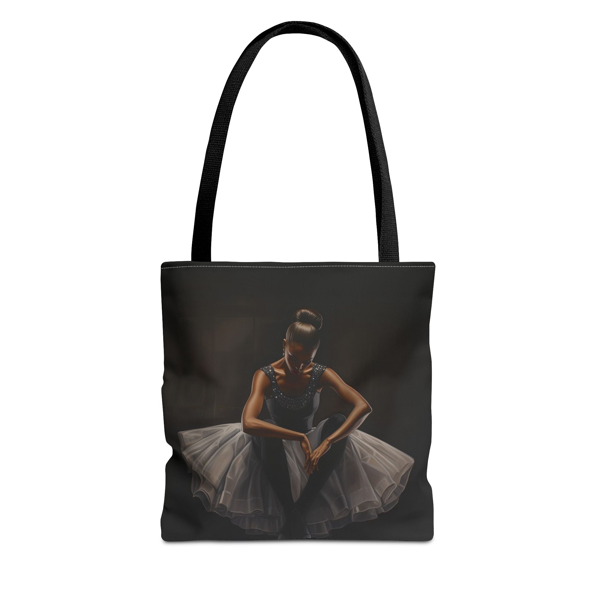 Black Ballet Dancer Tote Bag featuring a brown skin girl in a white tutu captured in a graceful ballet pose, Afrocentric ballet gift tote.