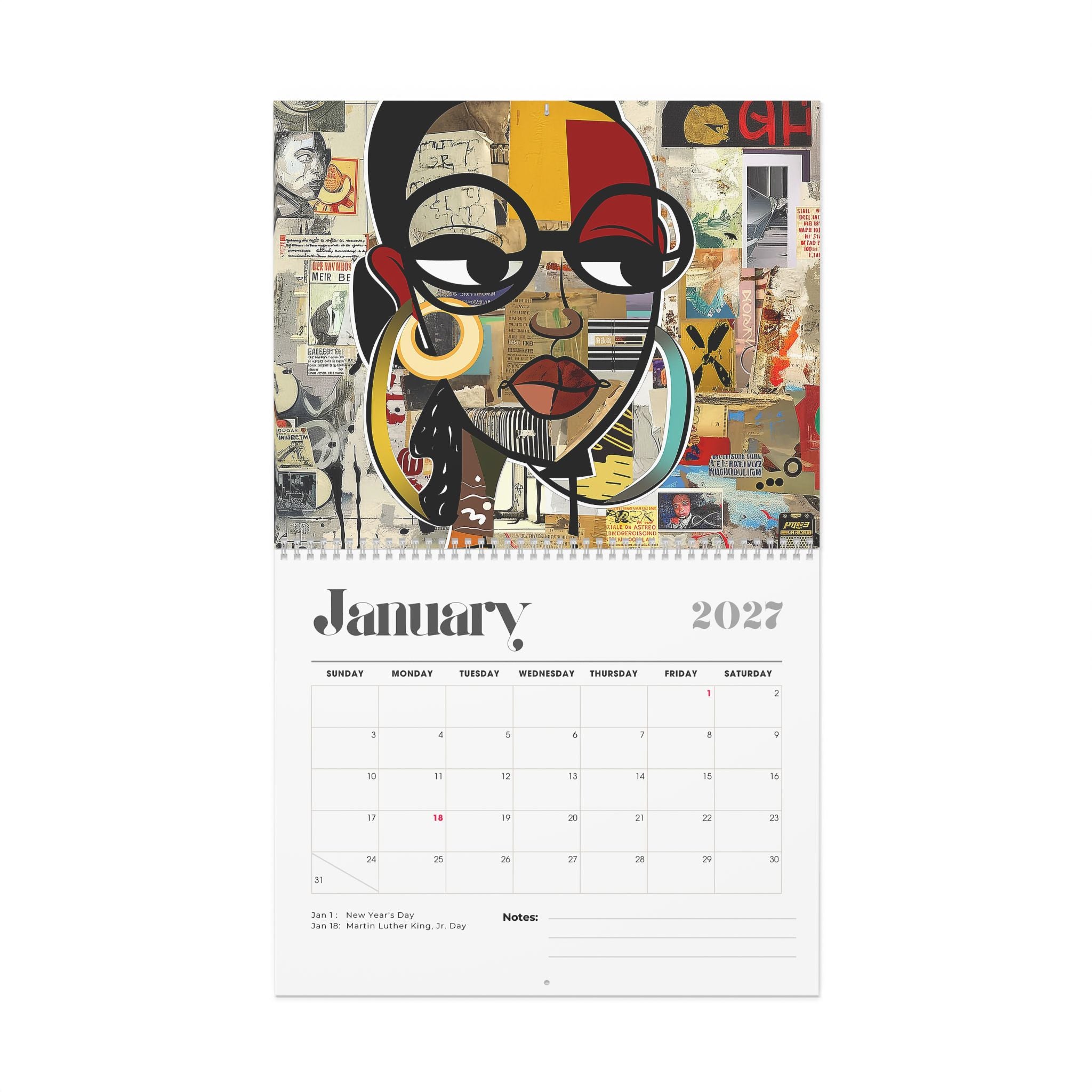 A spiral-bound desk calendar page showing January 2027, with a large abstract collage portrait illustration of a Black female above the calendar grid on a white background.