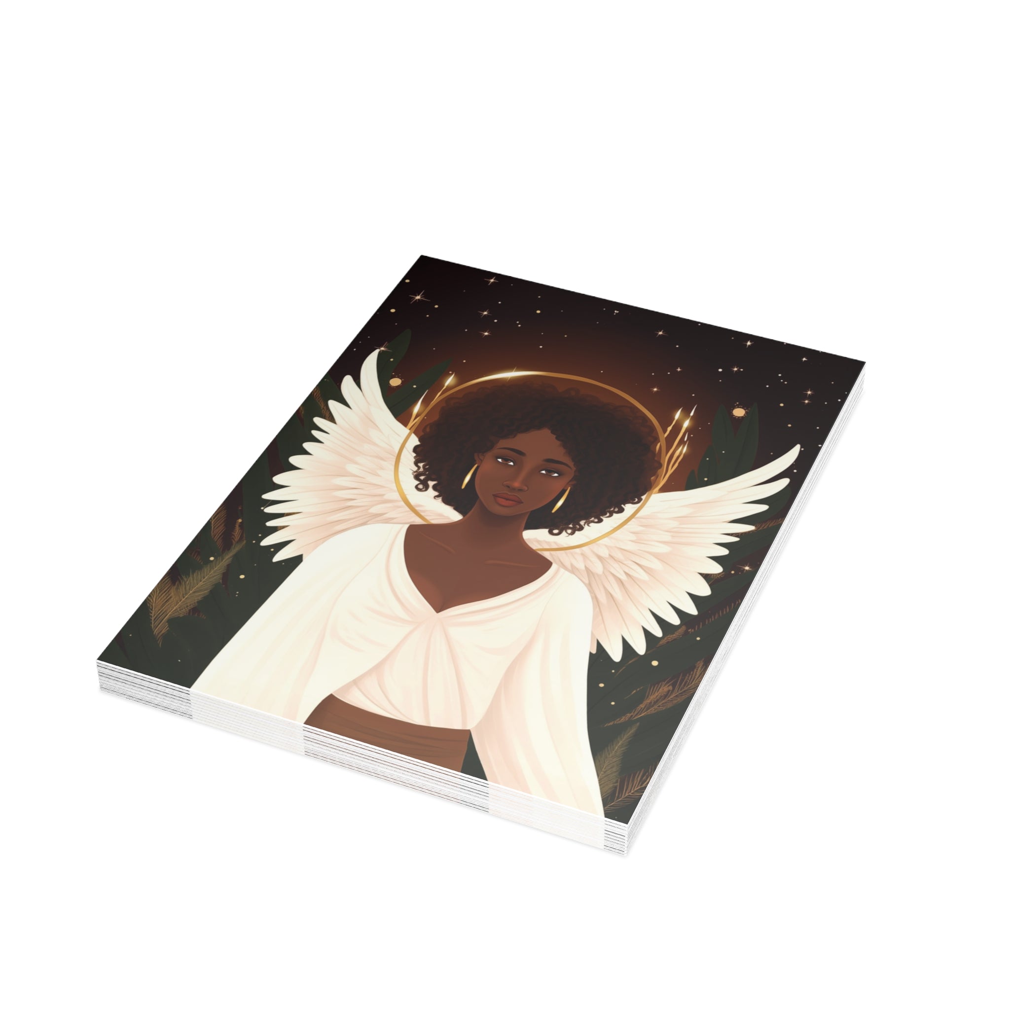 Black Woman Angel Holiday Greeting Card featuring an elegant African American angel illustration, available as a single card or multipack with envelopes. (10 cards)