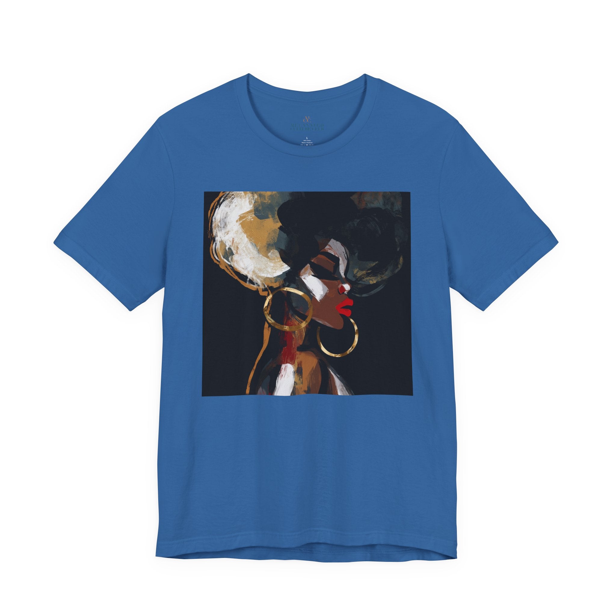 A blue short-sleeve crewneck t-shirt featuring a square graphic print of an abstract portrait of a Black woman with large hoop earrings on a black background.
