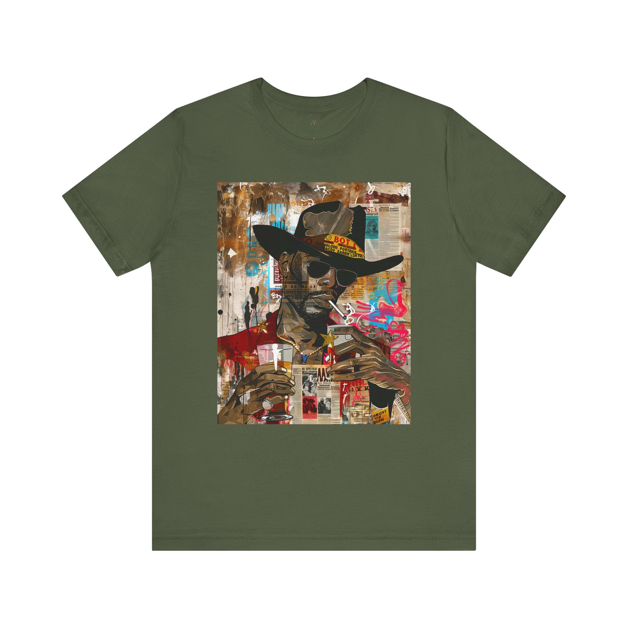 Graffiti Black Cowboy Tee Cartoon Style Collage Edgy - Style 04 in military green