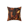 Abstract Afrocentric African Mask 14" x 14" throw pillow featuring a colorful tribal-inspired face with bold geometric patterns and vibrant cultural artwork displayed displayed against a white background.