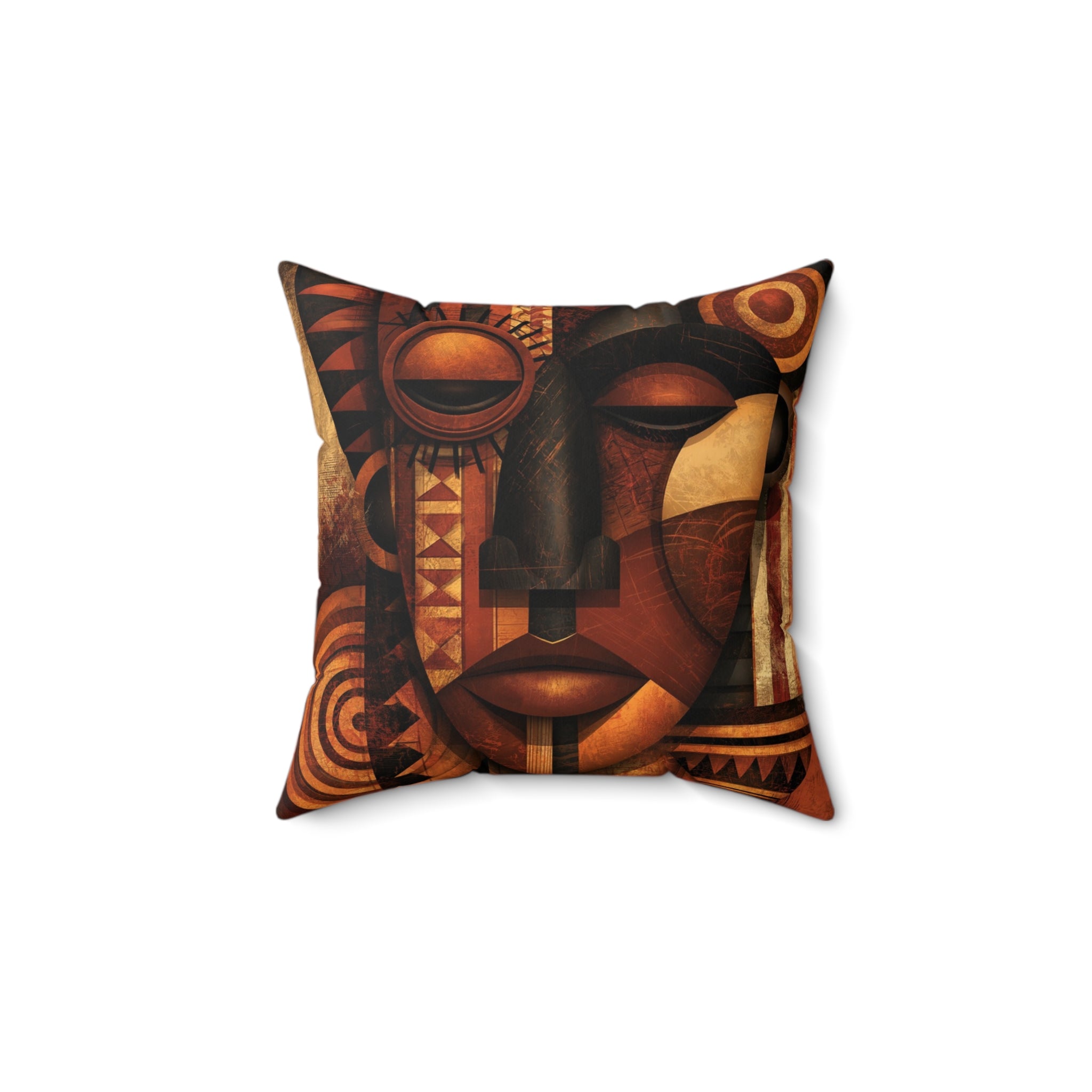 Abstract Afrocentric African Mask 14" x 14" throw pillow featuring a colorful tribal-inspired face with bold geometric patterns and vibrant cultural artwork displayed displayed against a white background.