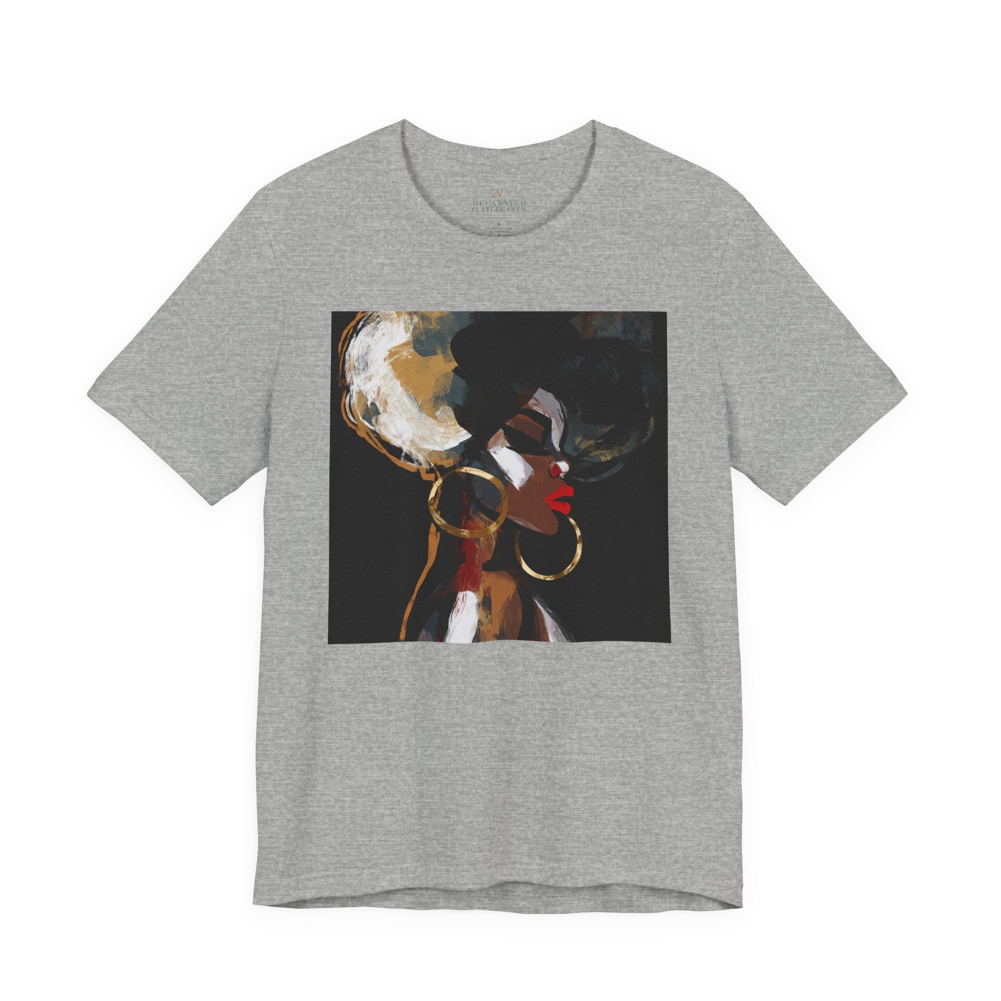 A heather gray short-sleeve crewneck t-shirt featuring a square graphic print of an abstract portrait of a Black woman with a large afro, gold hoop earrings, and red lipstick on a black background.