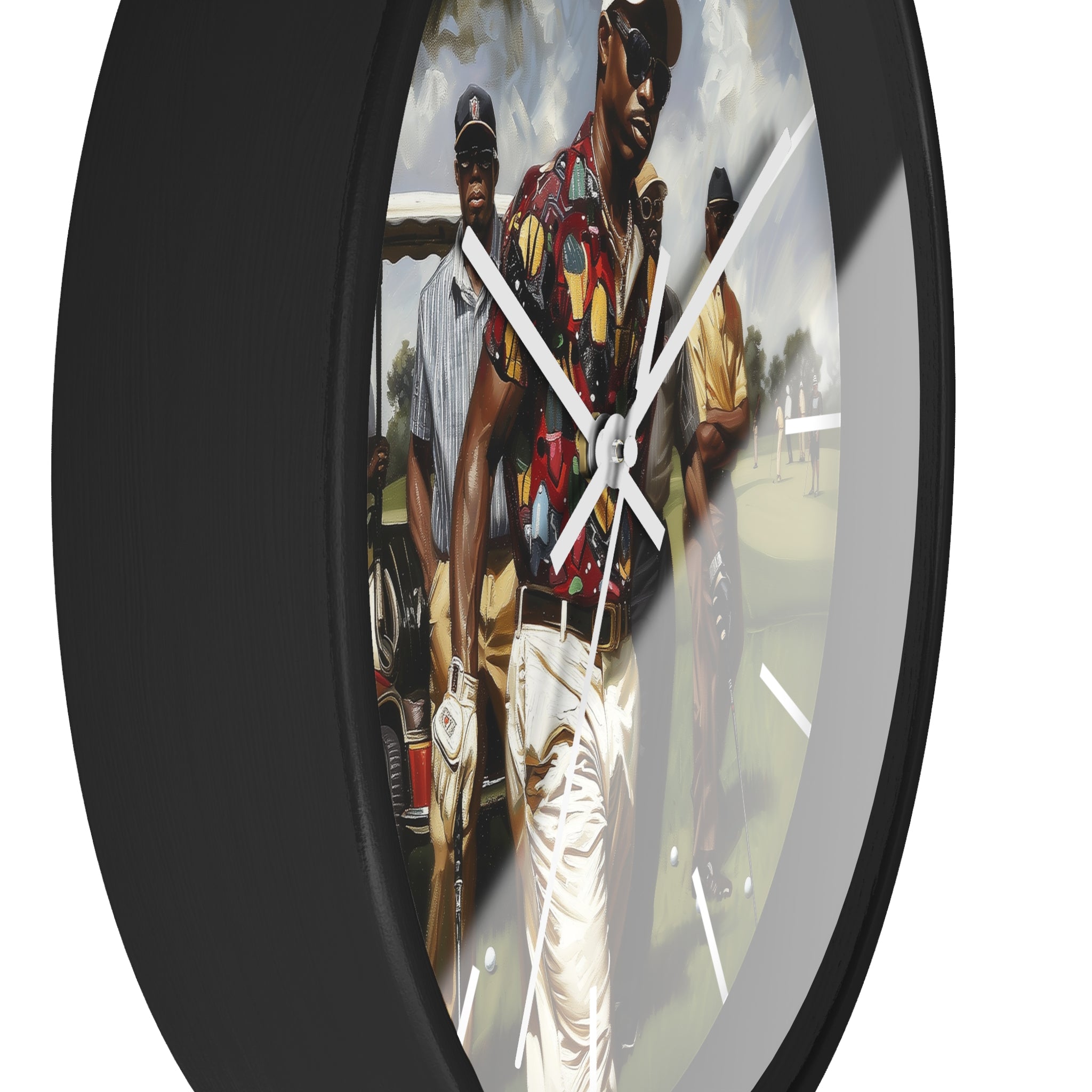 Round wall clock with a black frame and a printed art design featuring three men standing outdoors, with white clock hands and white hour markers.